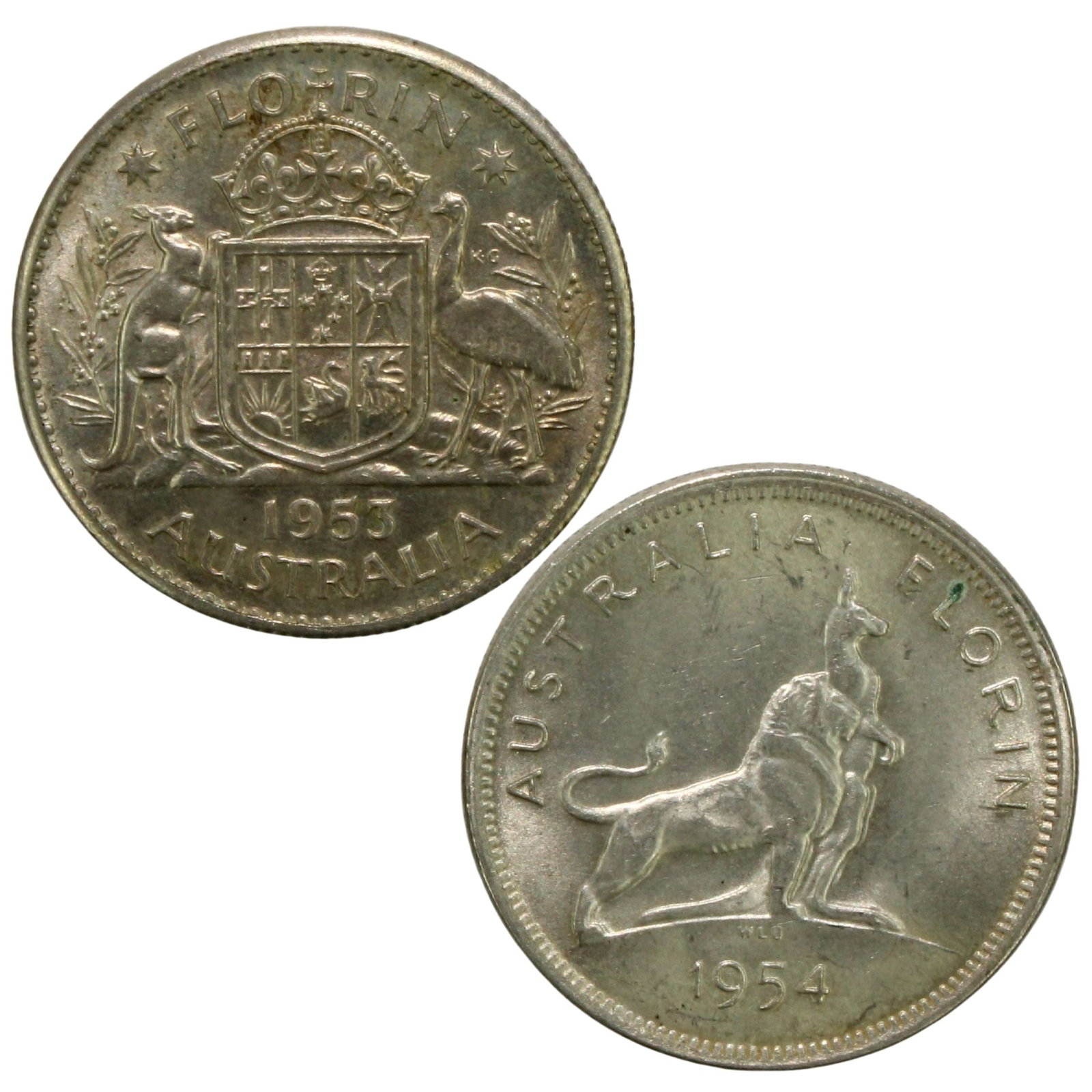 Australia 1953 & 1954 'Royal Visit of QEII' Silver Florins, Choice Uncirculated (2 coins): 1953 'First QEII Florin' & 1954 'First Visit of a Reigning Monarch to Australia' Size ASW 0.3636 Troy oz Medium Coins, Australia & New Zealand