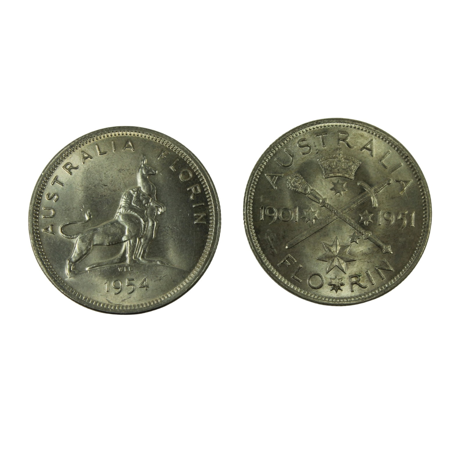 Australia 1951 'Jubilee' & 1954 'Royal Visit' Silver (500) Florins, near Gem Uncirculated (2 coins) (1 of 1)