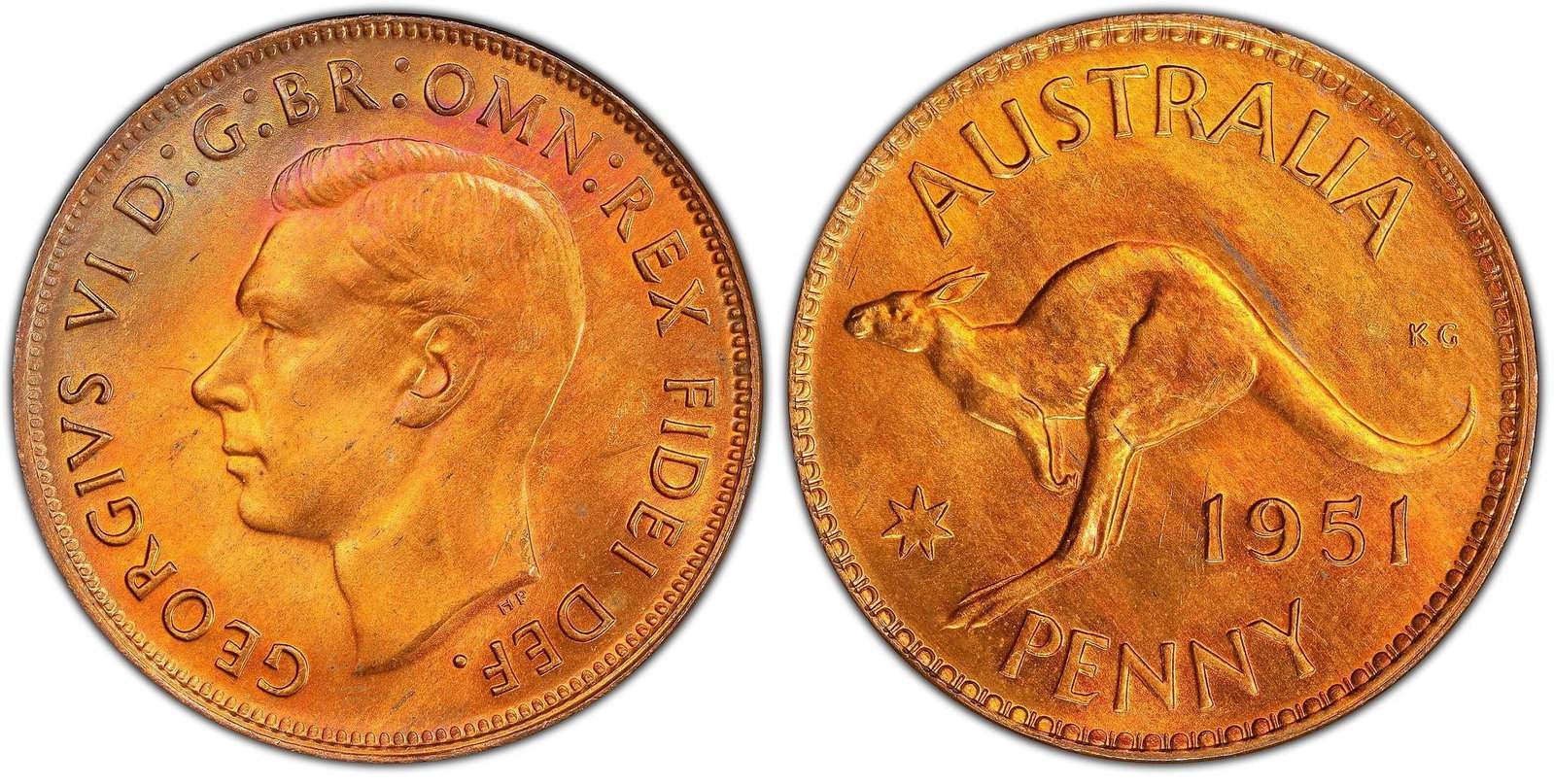 Australia 1951 (M) Penny, PCGS MS64 RB: Beautiful toning Medium Coins, Australia & New Zealand