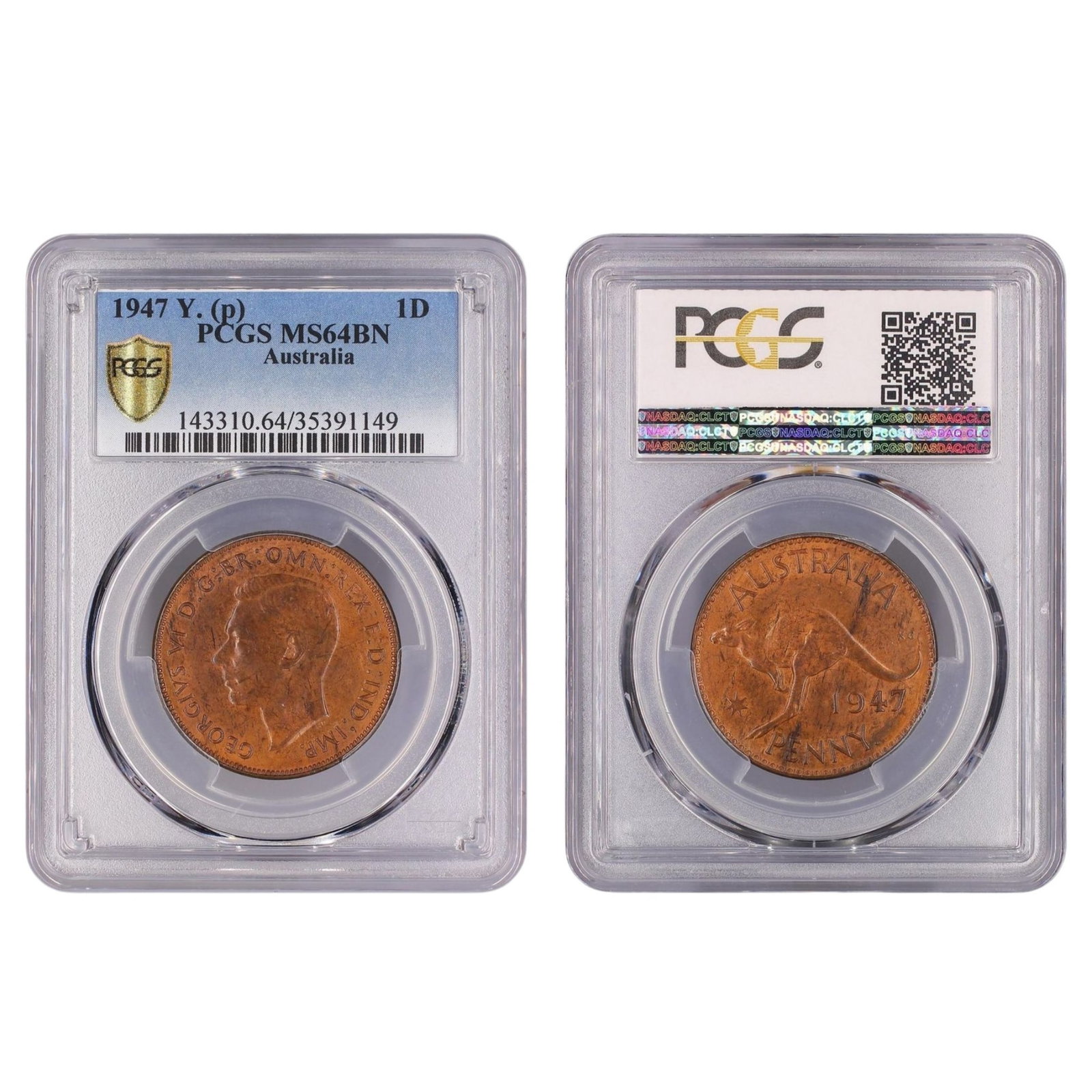 Australia 1947 Y. (P) Penny, PCGS MS64 BN (Pop 12): Benchmark Catalogue# Obv 3 - Rev D Condition near Gem Medium Coins, Australia & New Zealand Literature A surprisingly difficult coin. Only 5 coins graded higher