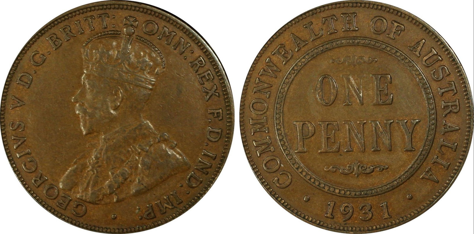 Australia 1931 'Indian Obverse - Dropped 1' Penny, PCGS XF45: Second Highest Grade (Population 3) 1 coin graded higher Condition Very Rare this grade. The 'second highest' graded. Benchmark' Collection spare. The ‘Indian’ obverse dies used to produce