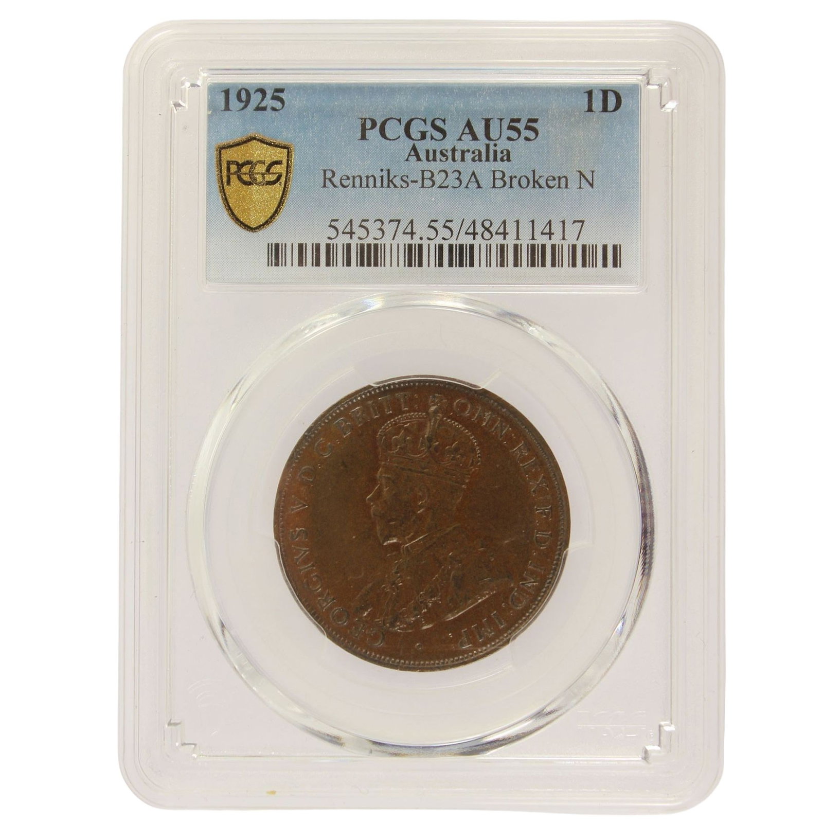 Australia 1925 'Broken N' Penny, PCGS AU55: Harshly graded. Looks a better coin than the two Mint State coins graded in front of it in the PCGS Photo Gallery. Medium Coins, Australia & New Zealand
