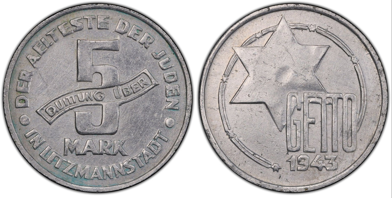 Poland 1943 Lodz Ghetto Al-Mg 5 Mark, PCGS Uncirculated details: Much rarer in the Aluminium - Magnesium Alloy Condition Appears to be an MS62 grade however PCGS however has determined that it is cleaned because most known examples have a dark grey patination