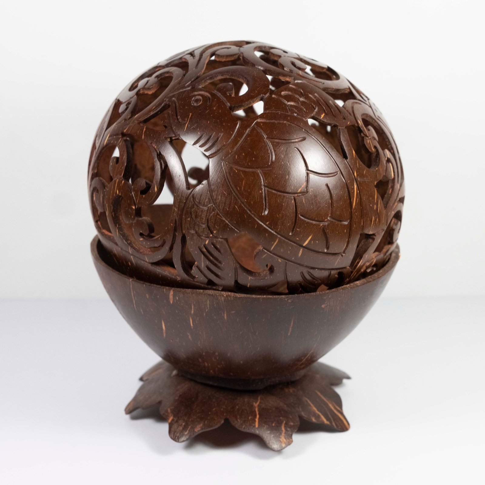 Carved Coconut Shell Candle Holder with incised Turtle pattern - 2