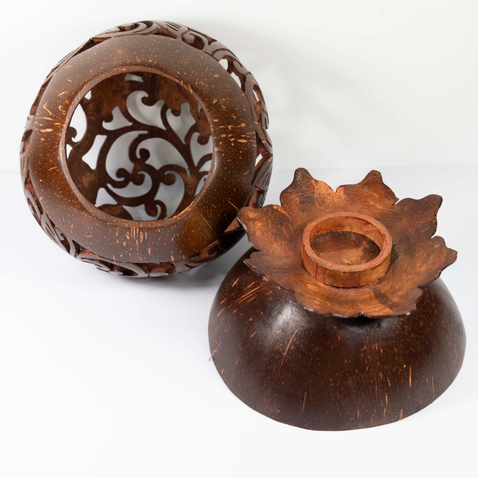 Carved Coconut Shell Candle Holder with incised Turtle pattern - 4