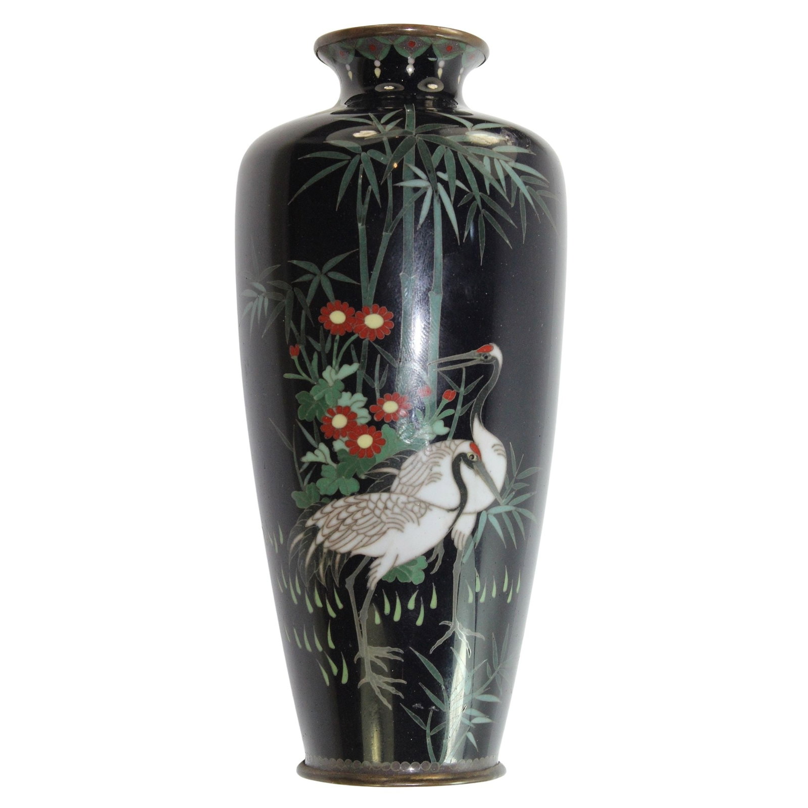 Classic Antique Japanese Black Cloisonne Vase: Shows Storks & Flowers Medium Art & Antiques