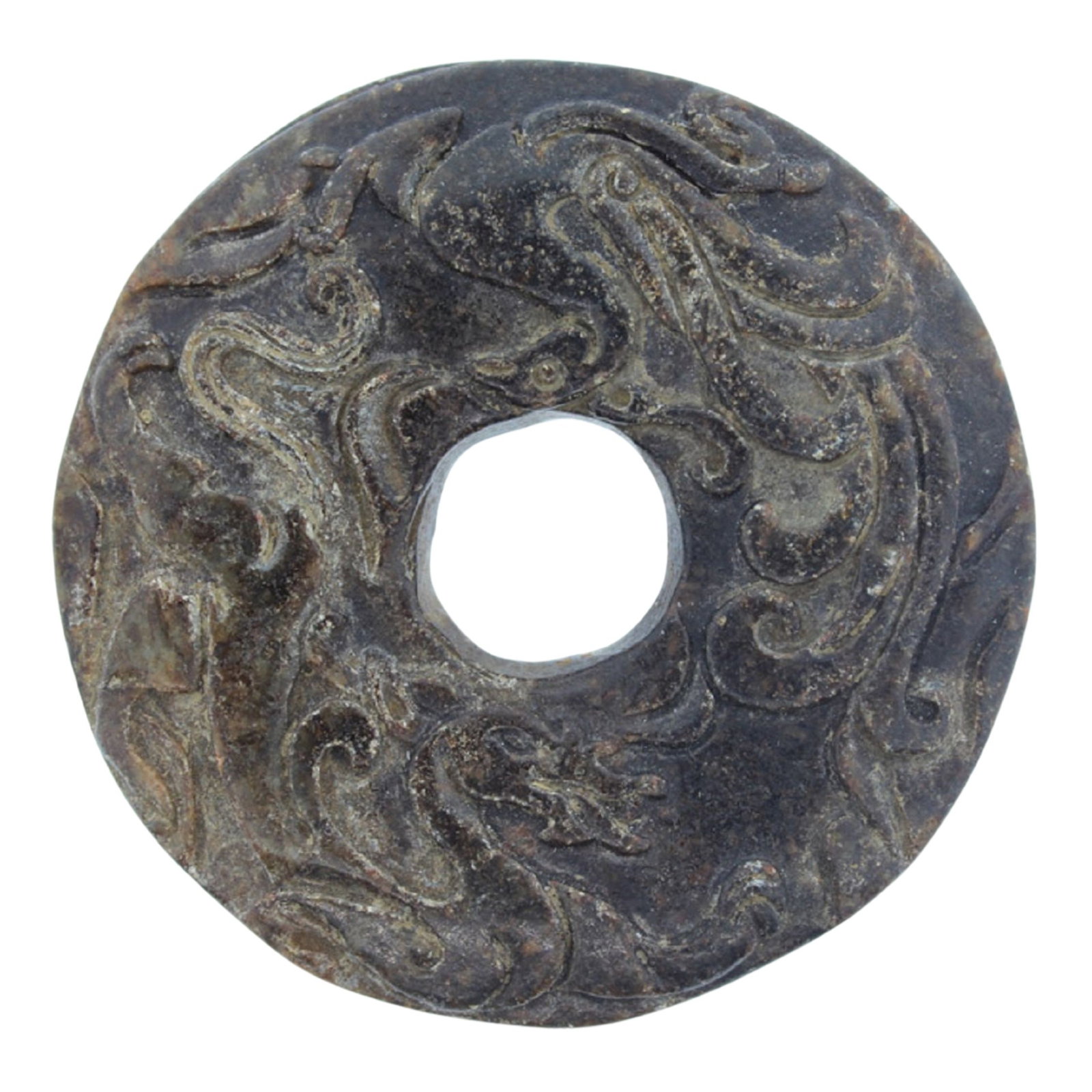 Antique Chinese Jade Wheel with carved Dragon & Bird design: Ex Colin Lanceley Collection Lanceley was a well regarded Australian artist Size Diameter 6.5cms Medium Fine Art
