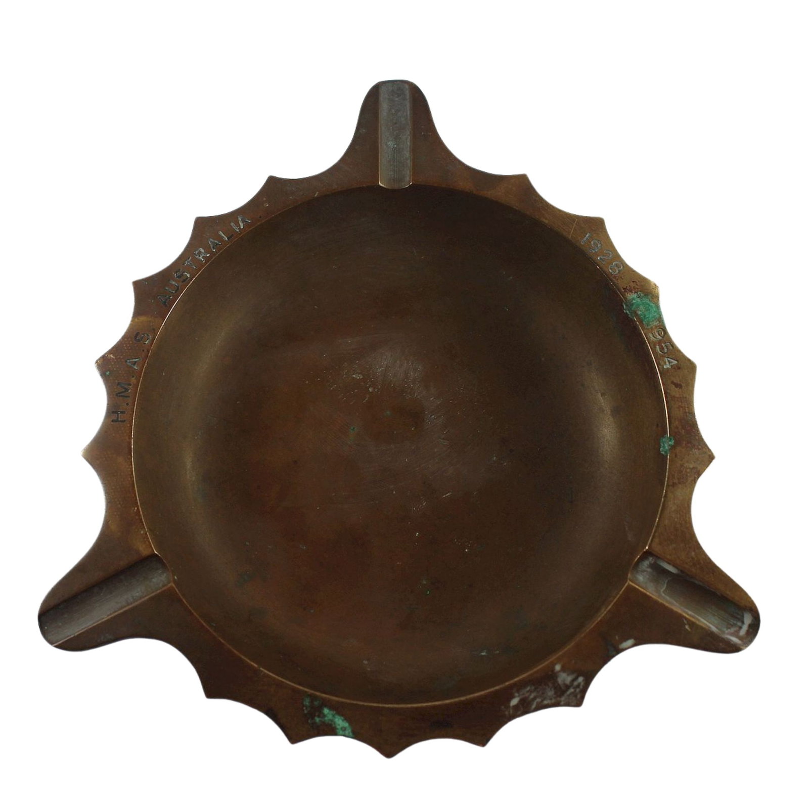 Inter-War HMAS Australia Solid Brass Ward Room Ashtray: Inscribed "H.M.A.S Australia / 1928 - 1954" Size Diameter 13.5cm Medium Collectibles