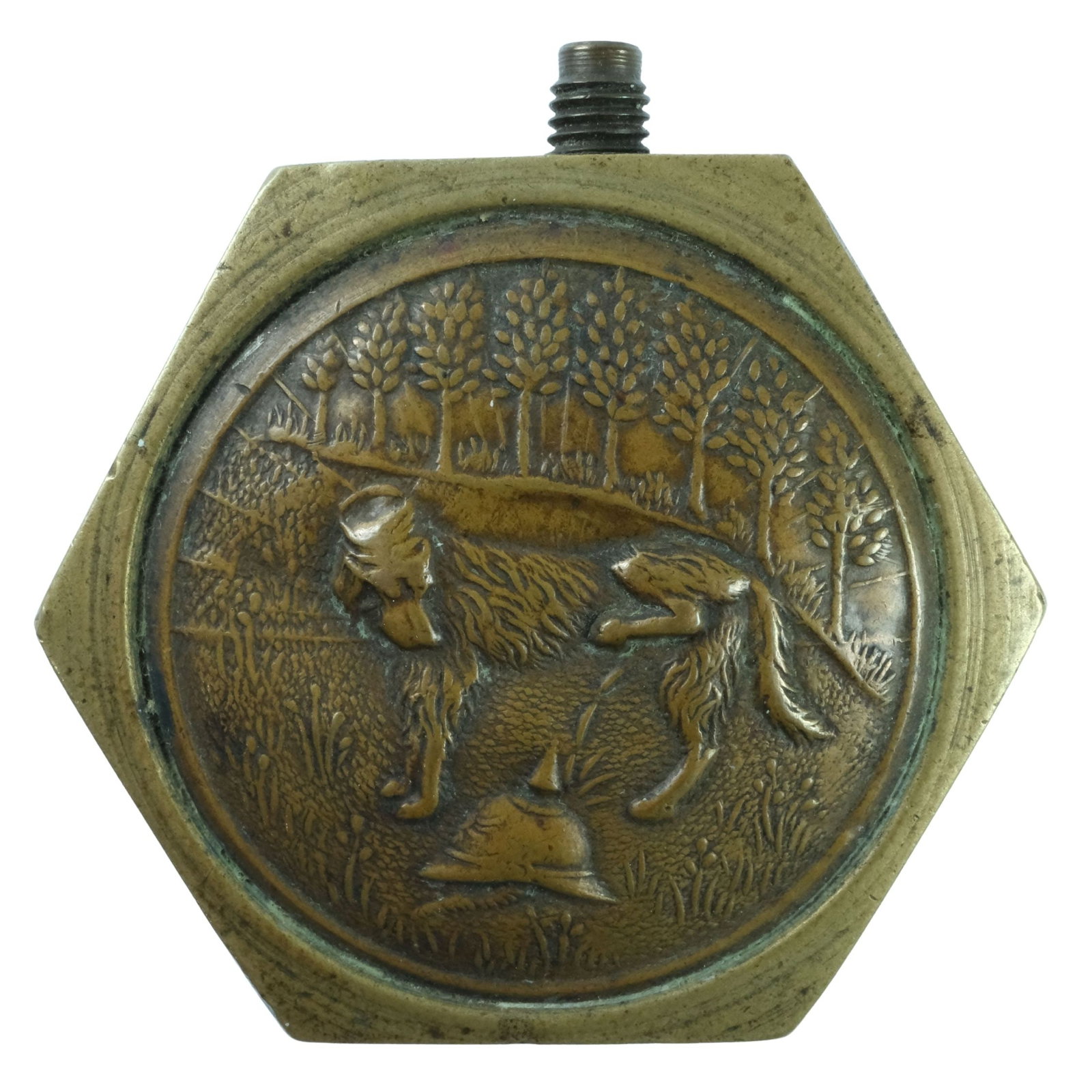 WWI Trench Art Cigarette Lighter: Brass Nut into which has been inserted two Bronze German Hunting Medals Size Diameter 4.5cms Condition Missing Reservoir Cap Medium Collectibles
