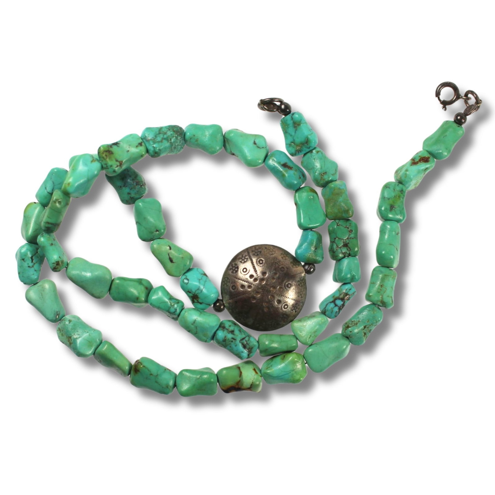 Rough-hewn Turquoise Necklace with Sterling (925) Silver Medallion: Desirable Size Open length 46cms Medium Jewelry