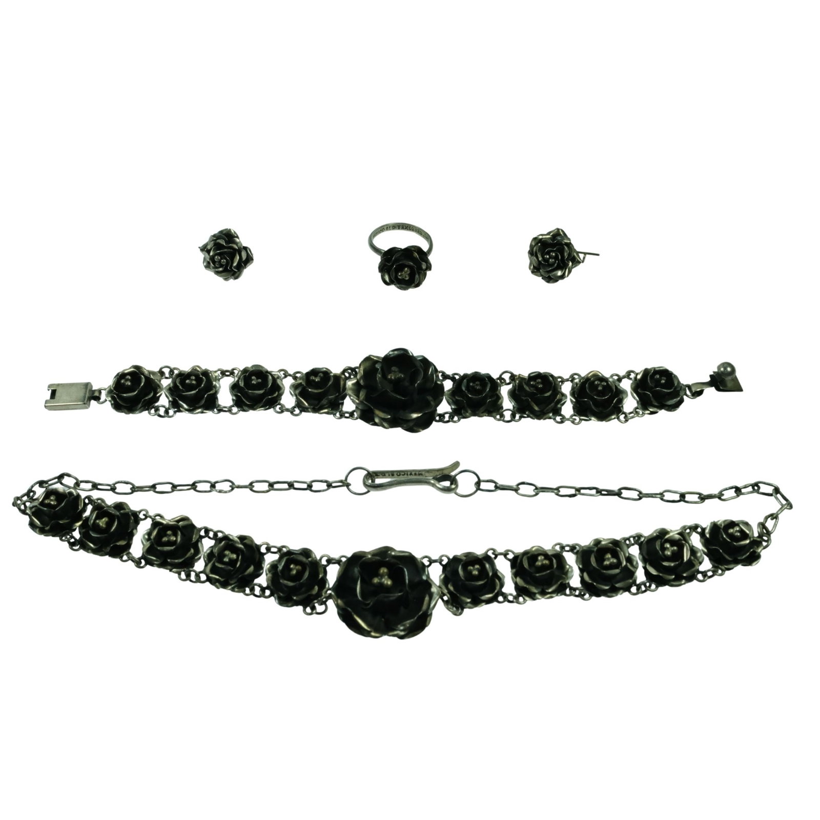 Stunning Mexican (925) Silver Necklace with matching Bracelet, Earrings & Ring (5): Rose design Size Total weight 65 gms : Open-length Necklace 41cms, Bracelet 18cms & Ring Size M Medium Jewelry
