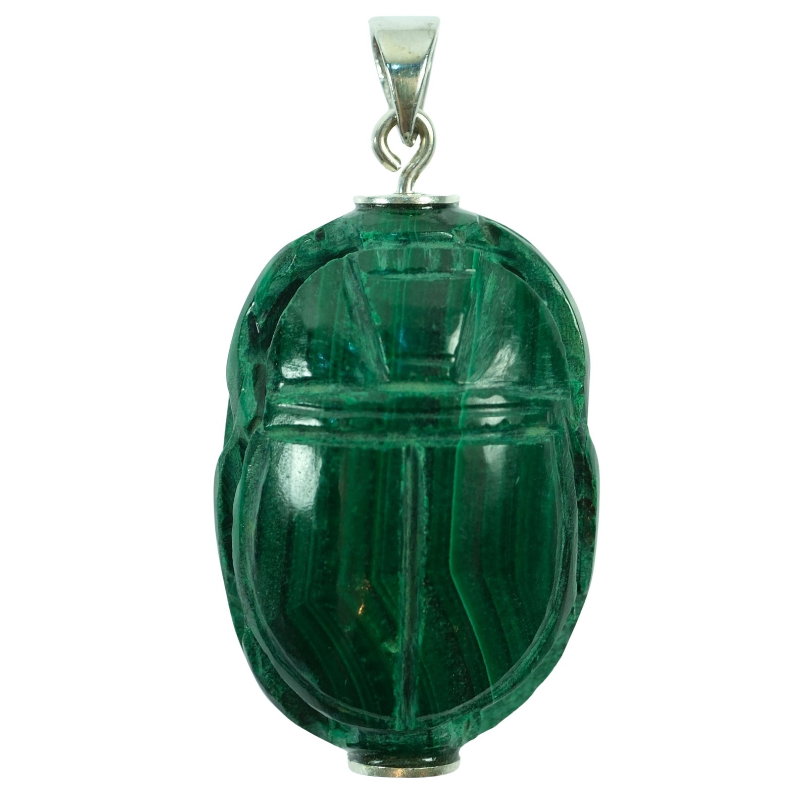 Scarab Beetle Pendant in carved Malachite: Silver-plate Mount Size Hangs 4.cms : Weighs 15.47grams Medium Jewelry