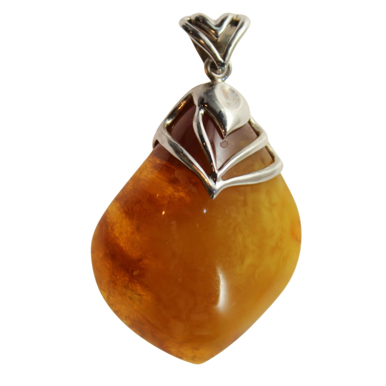 Polished Amber Pendant in Sterling (925) Silver: Flowing design Size Hangs 6cms Medium Jewelry