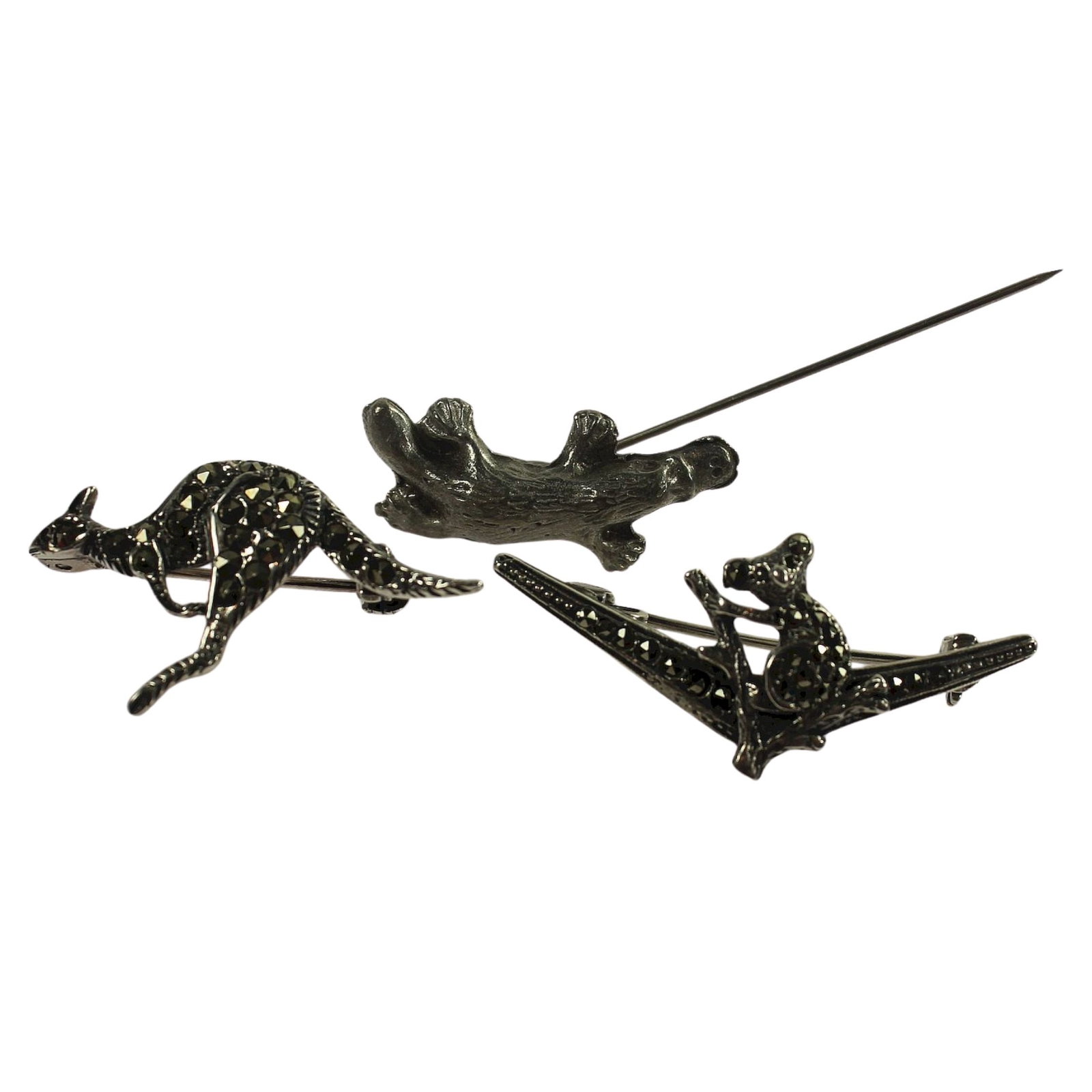 Patriotic Pins & Brooches in Sterling (925) Silver, Marcasite & Pewter: Designs feature a Koala & Boomerang, Kangaroo & Platypus (Pewter) Medium Jewelry Exhibited Sterling Silver