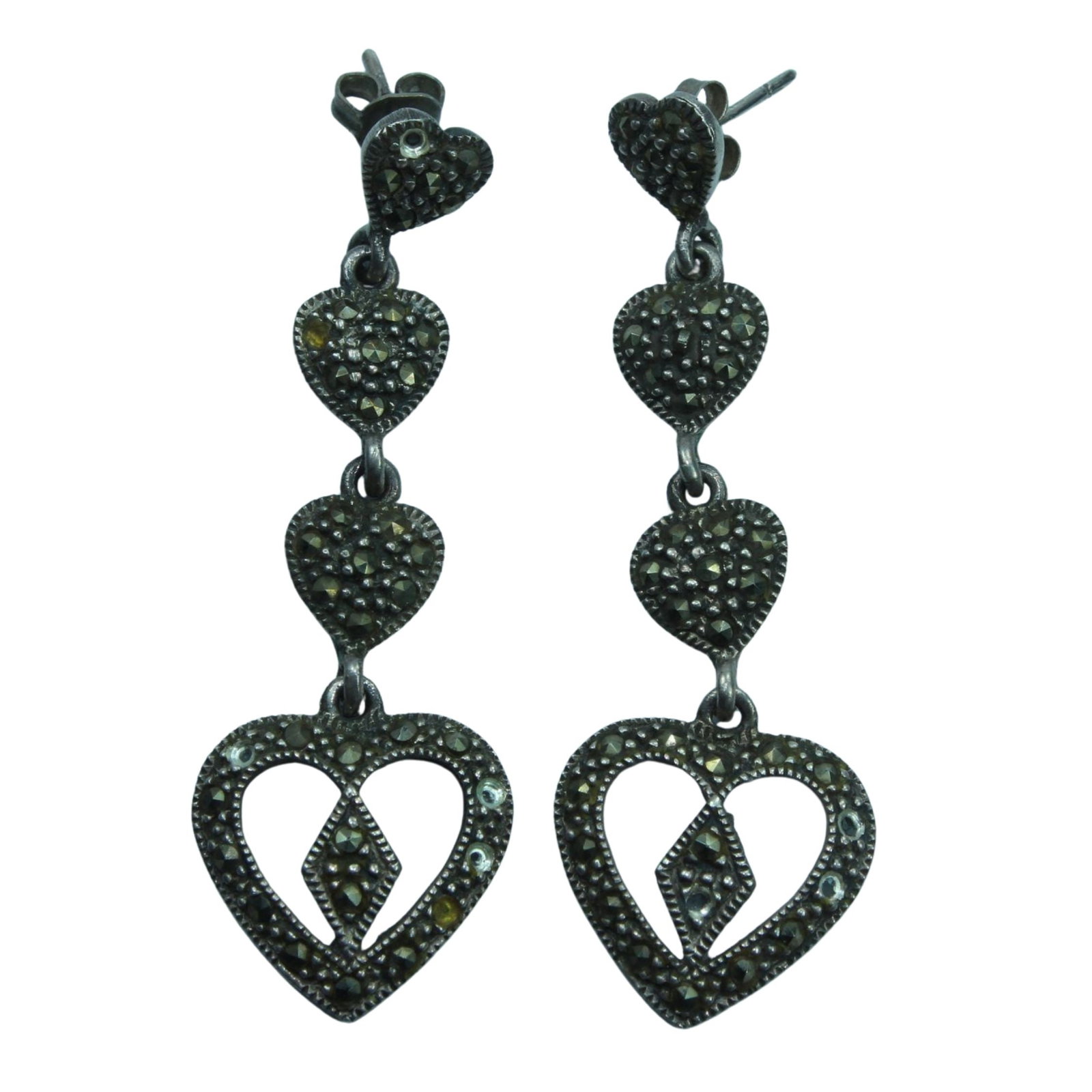 Marcasite Drop Earrings in Sterling (925) Silver (Pair): Deco-style Size Hang 5cms Medium Jewelry