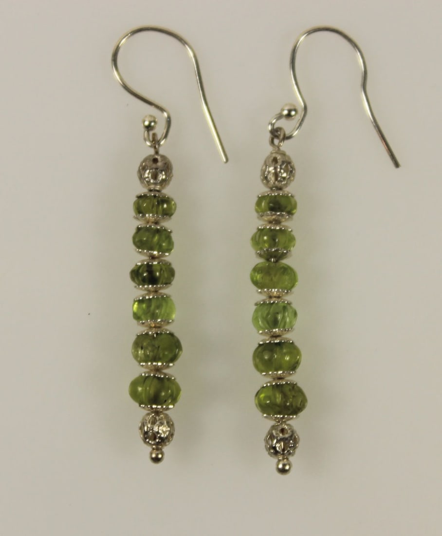Sterling (925) Silver Carved Peridot Bead Dangle Earrings - 2