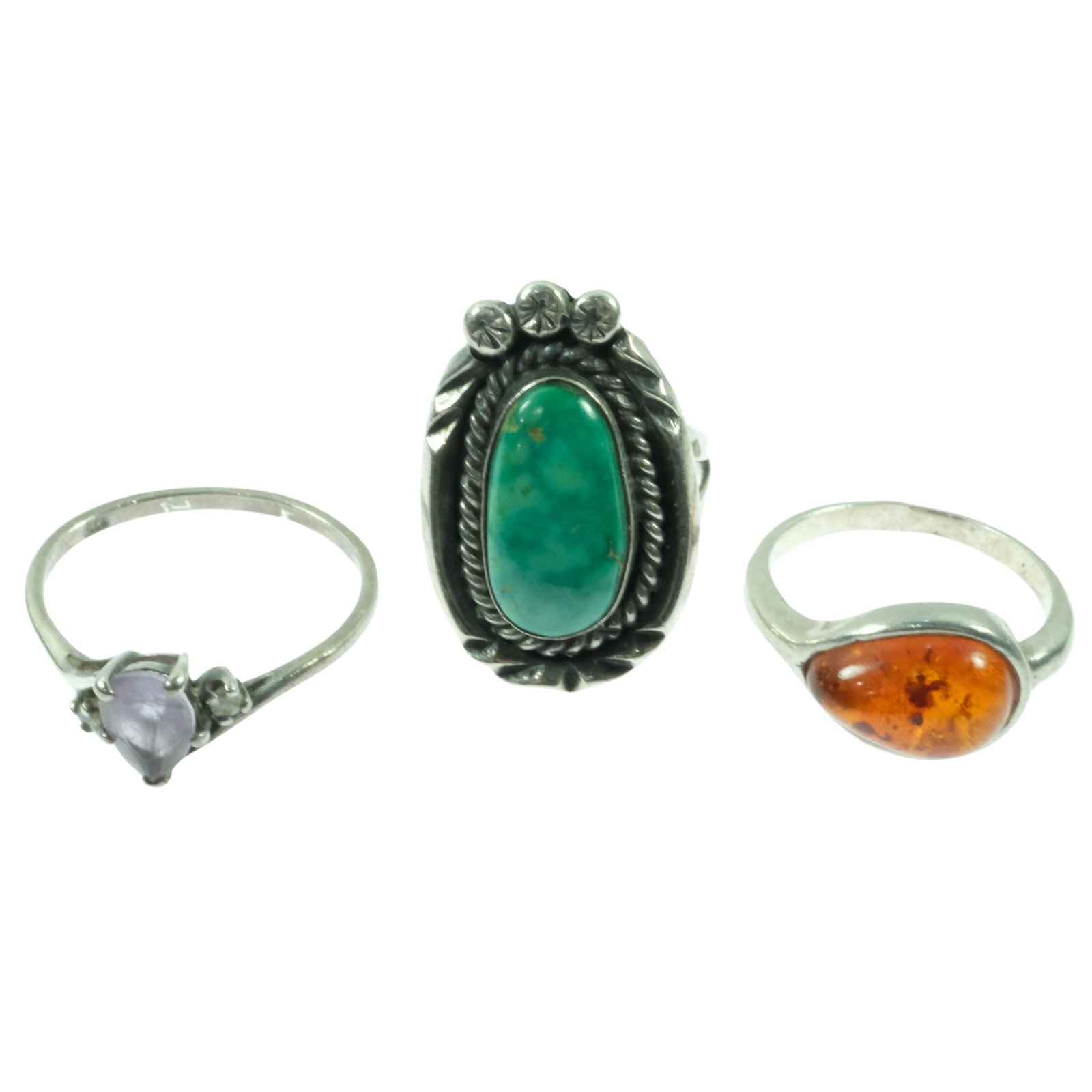 Sterling Silver Rings in Amber, Amethyst & Green Turquoise (3 items) (1 of 7)