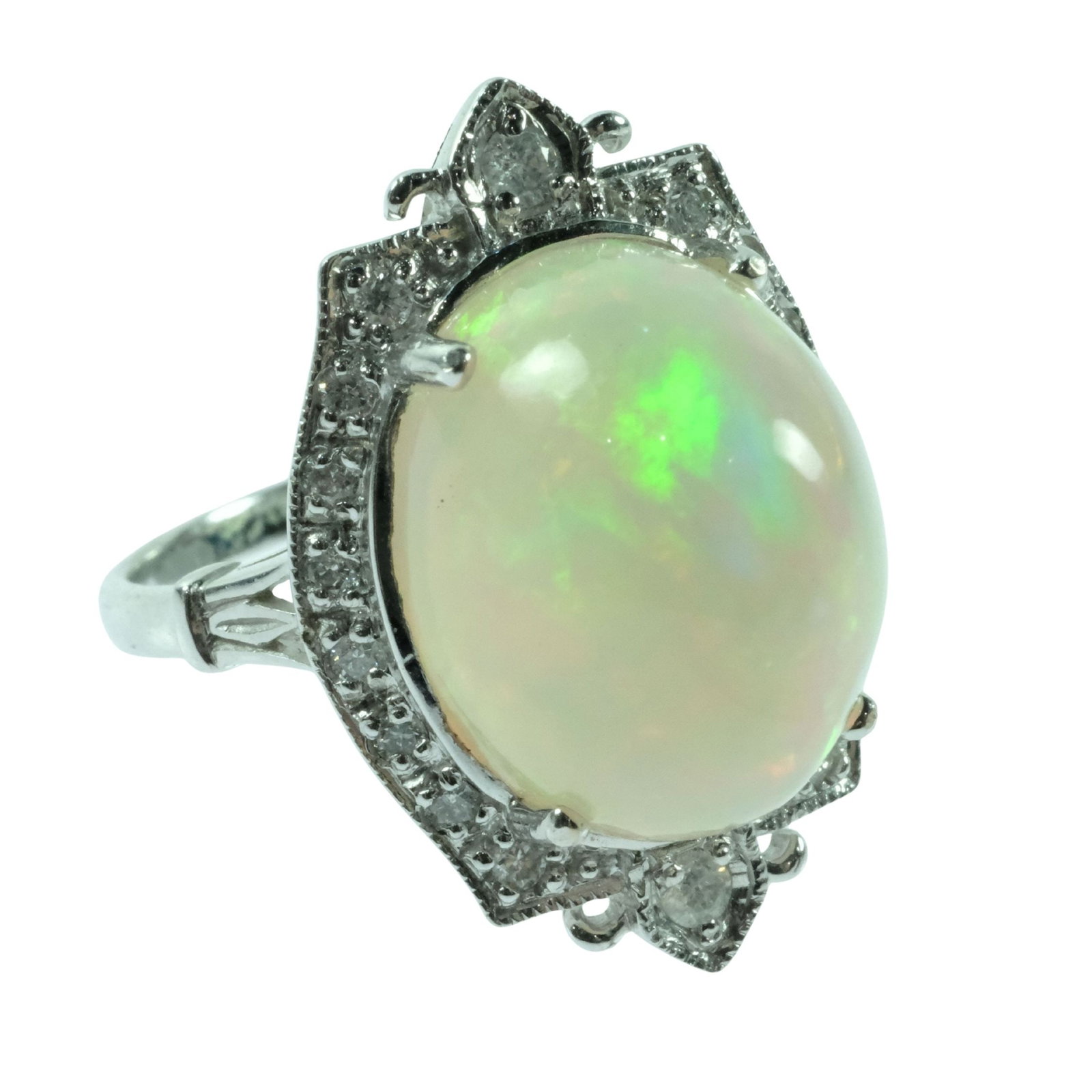 Deco-style Ethiopian Opal & Diamond Ring in 9ct White Gold: Opal weighs approximately 5 carats Size Size M 1/2 : total weight 4.55gms Medium Jewelry