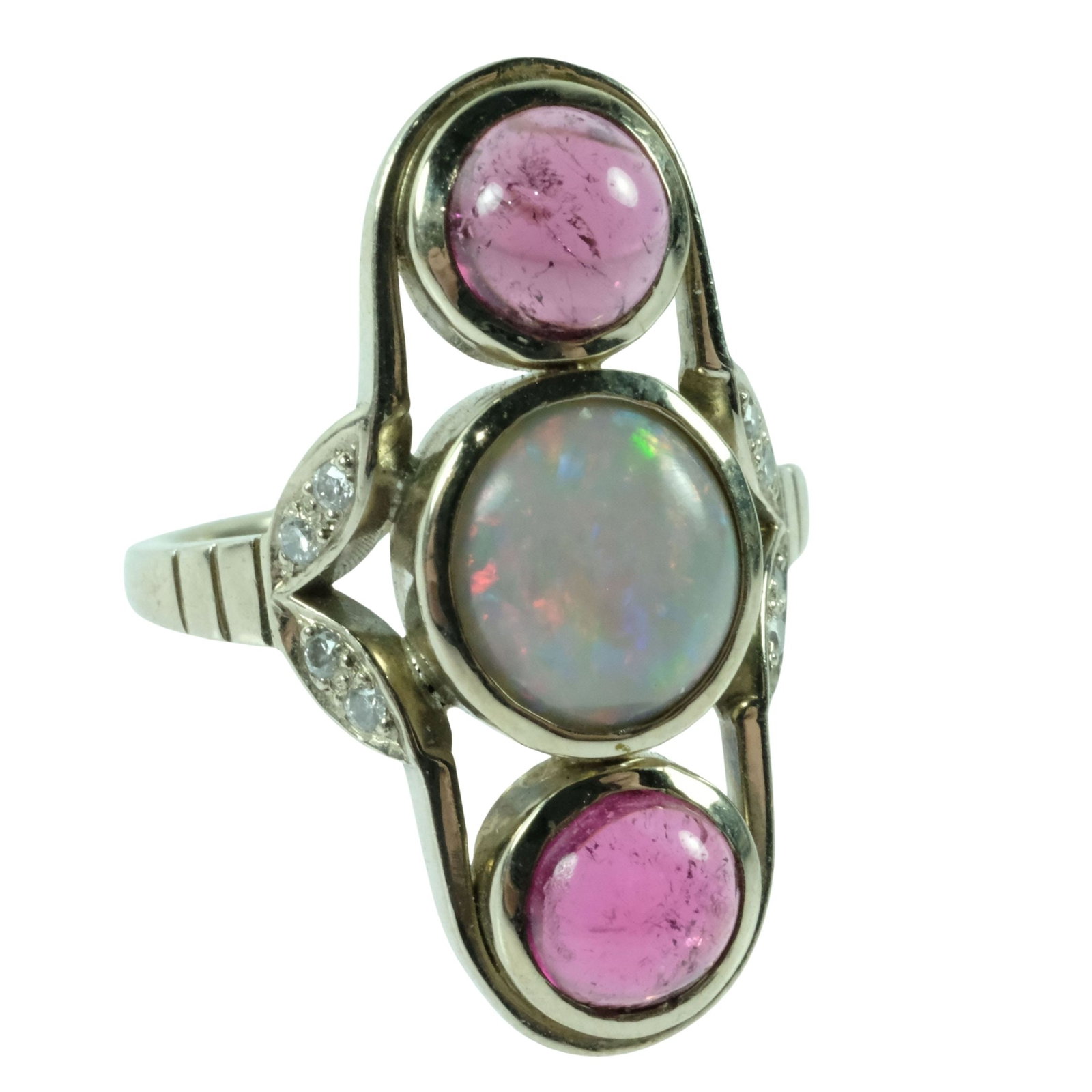 Solid Opal, Tourmaline & Diamond Ring in 9ct Yellow Gold: Modern design Size Size M : Total weight 5.45gms Medium Jewelry