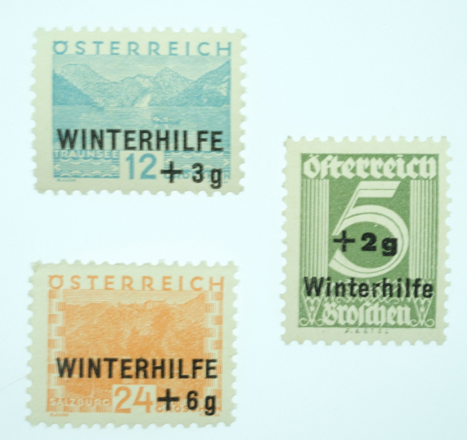 Austria 'Winter Aid' Overprint Stamps, Mint No Gum ( 3 items),: Semi-postal or charity stamps issued during the 1930s to raise funds for the needy and unemployed during the winter months. Medium Collectibles