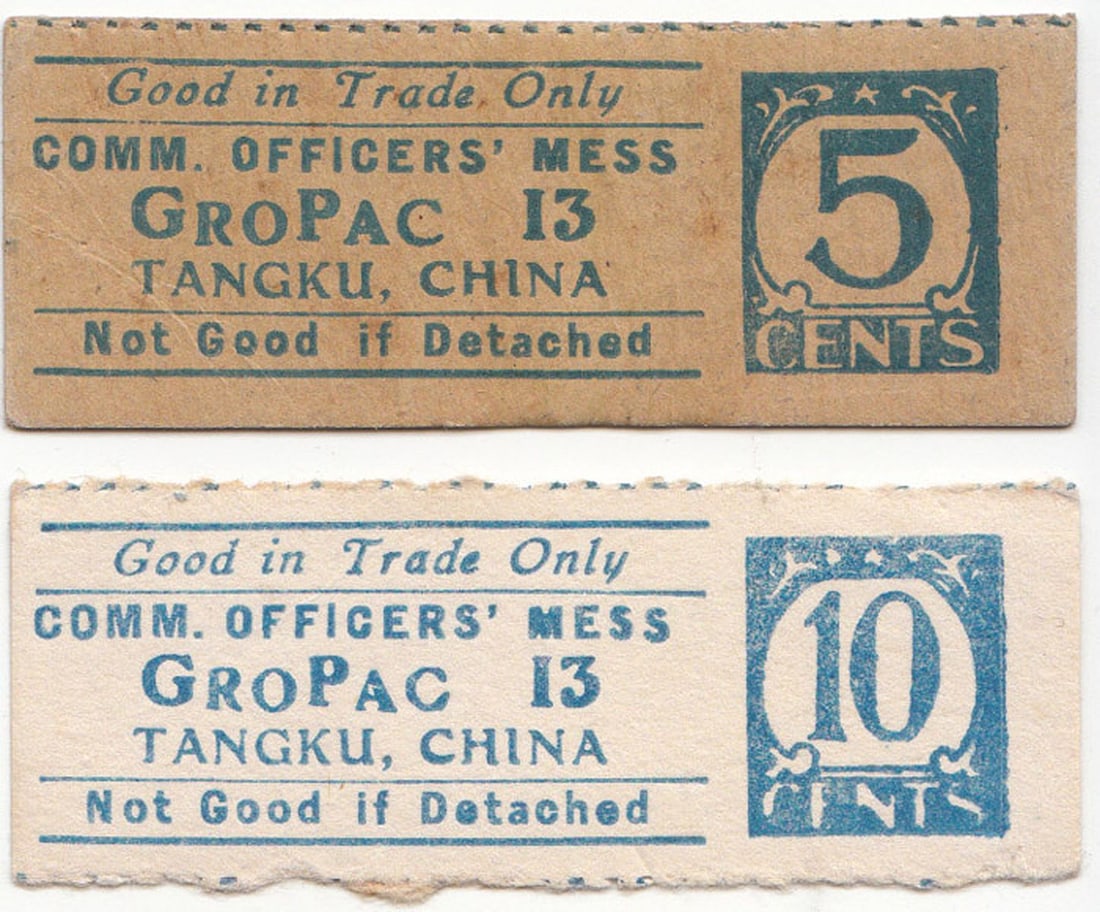 U.S. - WWII Military 5 Cent & 10 Cent Chit. Comm. Officers' Mess Gropac 13 Tangku China, EF (2): Scarce Size 6x2.3cms Medium Paper Items, General