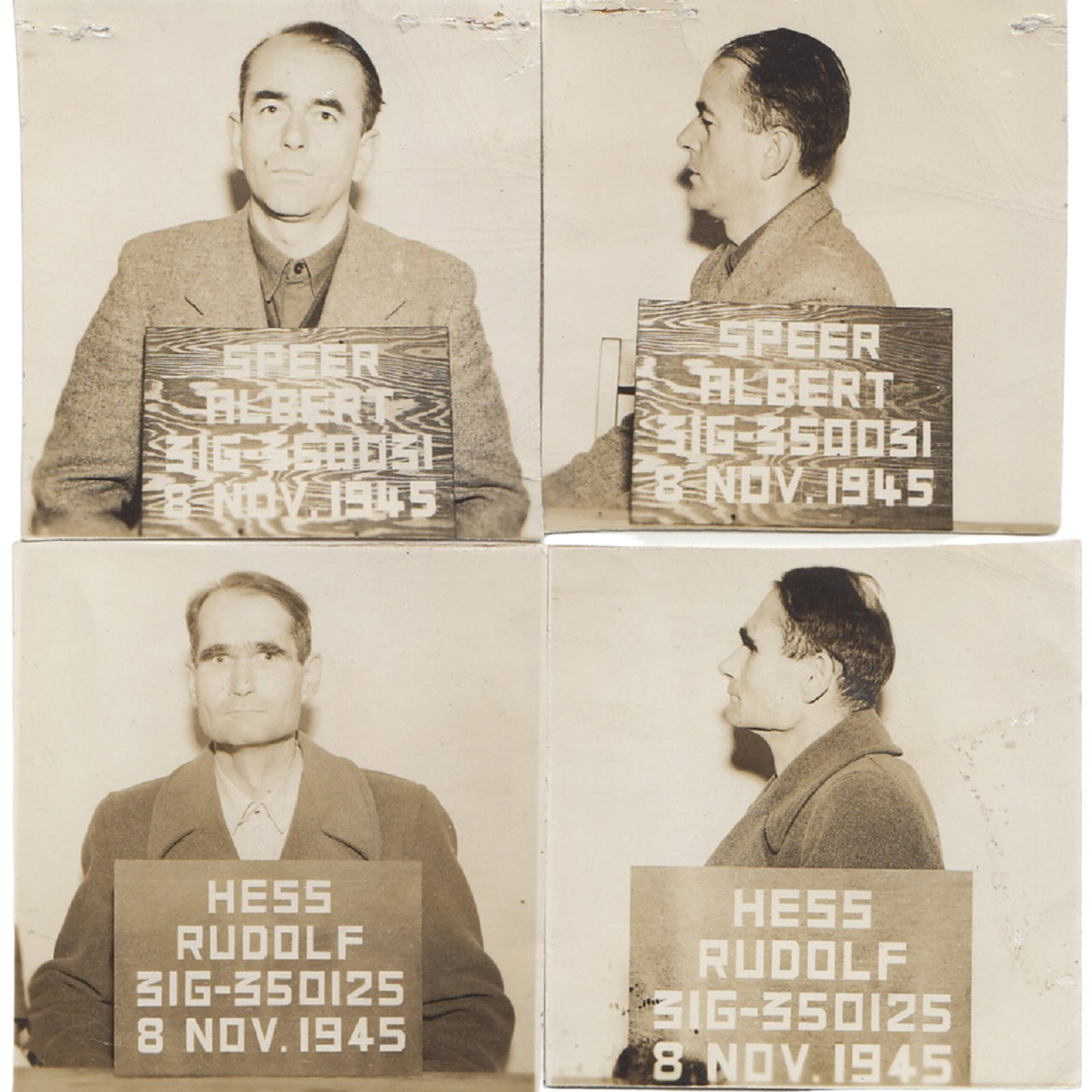 Germany - WWII Original Mug Shots of 'Rudolf Hess' and 'Albert Speer', Extremely Fine details: Unique Prison Photographs taken at the Nuremburg Trials Condition Photo of Speer has staple holes at top where it was once attached to a prison document. Medium Military & Wartime Literature While it
