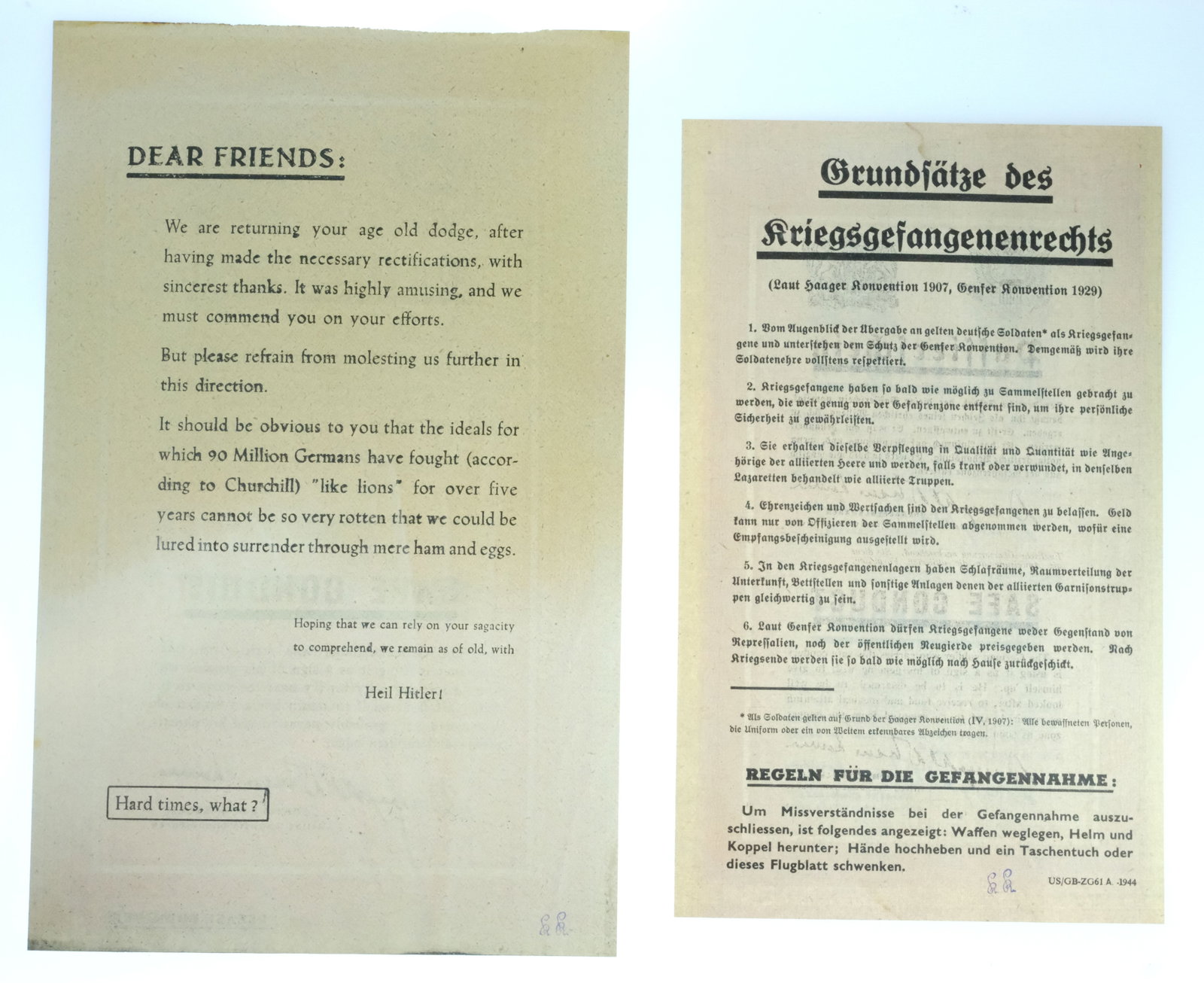 G.B. / U.S. 1944 'Safe Conduct Pass' for German Soldiers with the countering German Leaflet, EF(2) - 2