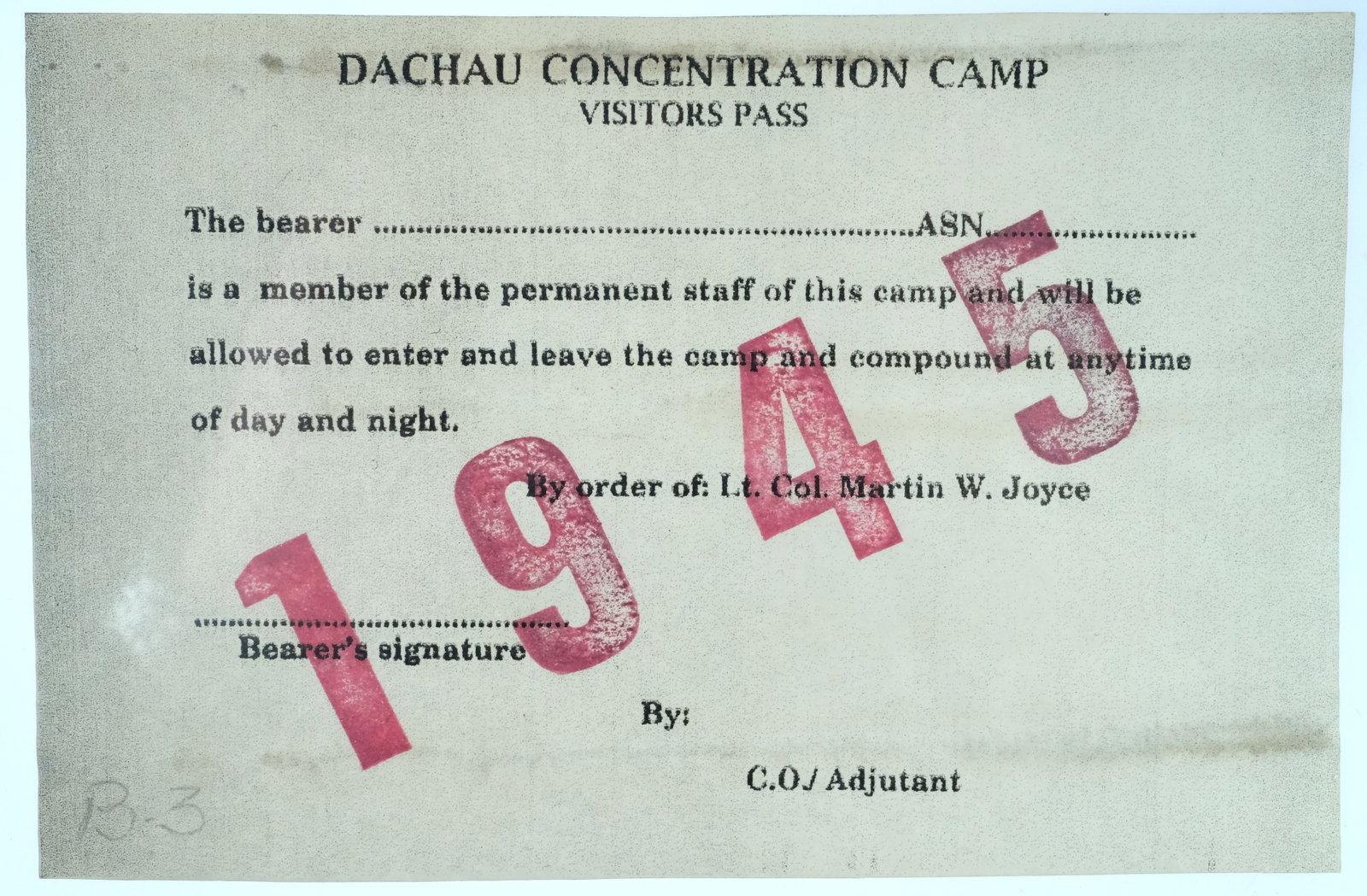 Germany 1945 Dachau Concentration Camp (under US Control) 'Visitors Pass', Extremely Fine: Unissued. Dachau Concentration Camp was liberated by US troops on the 29th April 1945. Size 14.5x9.5cms Medium Paper Items, General
