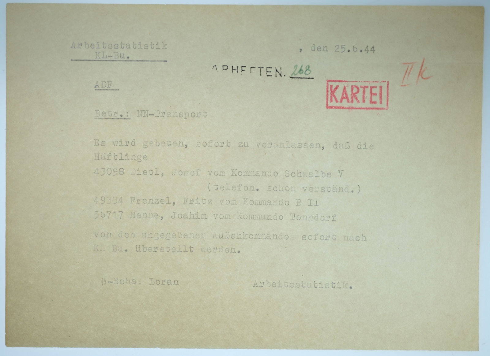 Germany 1944 NN -Transport Order for Prisoners Josef Dietl, Fritz Frenzel & Joachim Henne, EF (1 of 2)