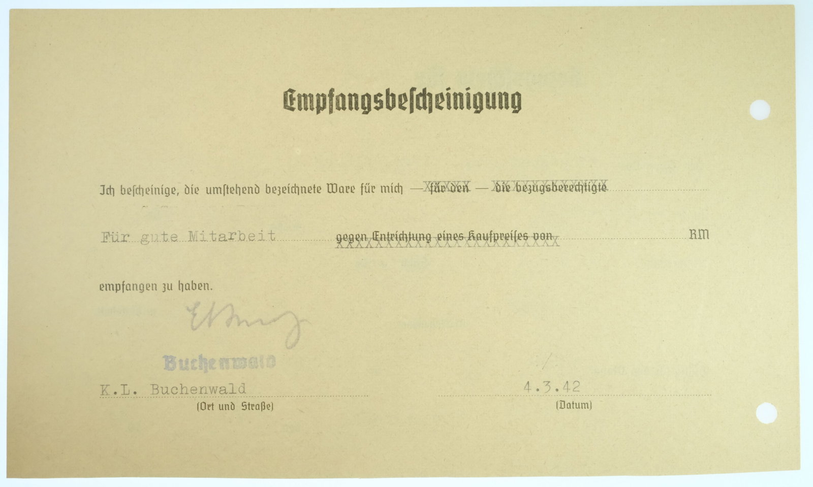 Germany 1942 Dachau Concentration Camp 'Prisoner Voucher for Tobacco', Uncirculated - 2