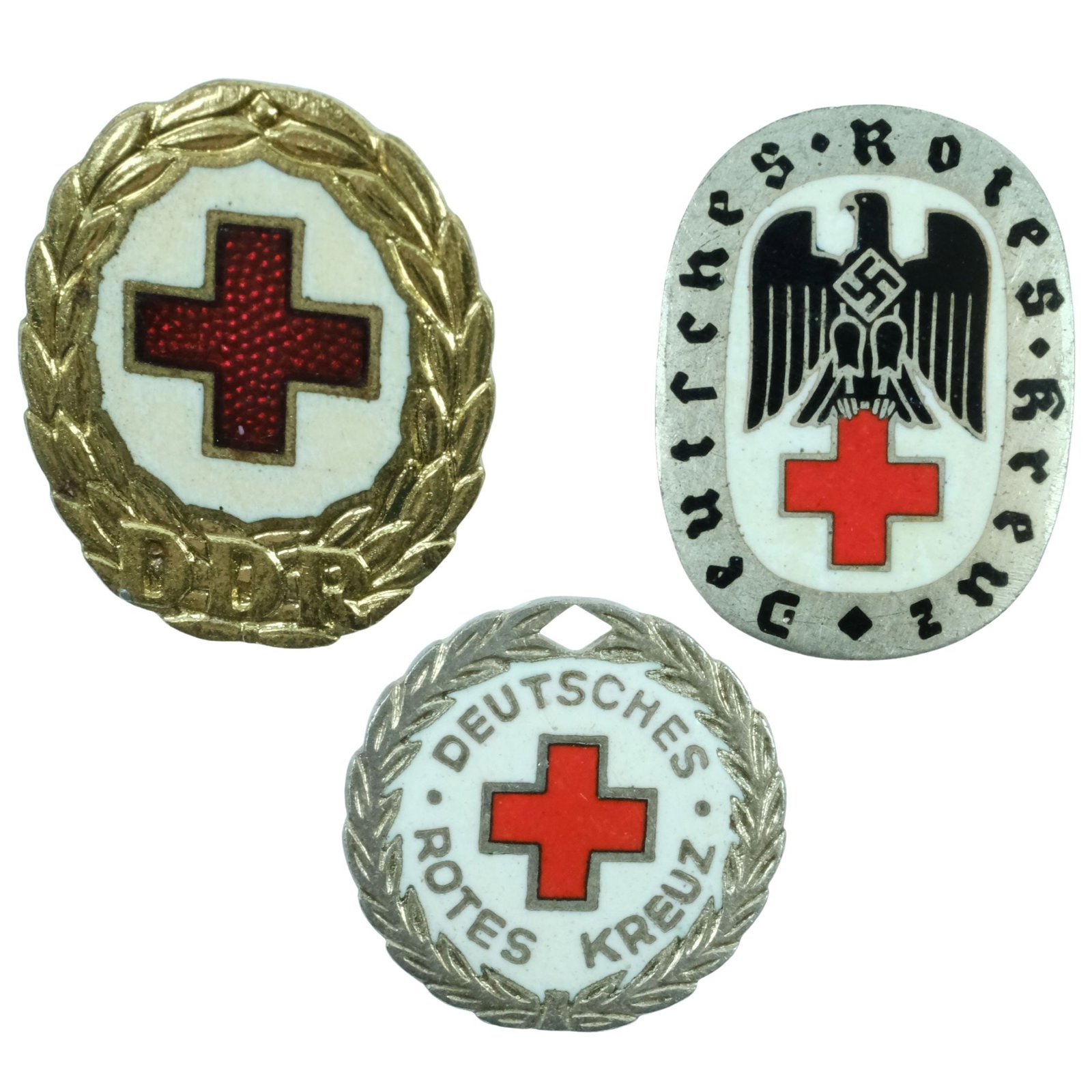 German Third Reich Red Cross Badges (2) with later DDR Badge (3 in total): . Condition One Badge missing Back Pin Medium Collectables