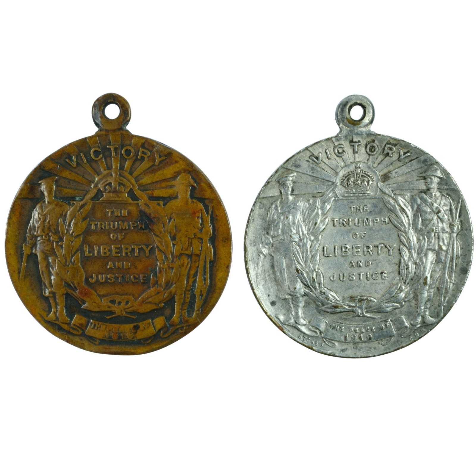 Australia 1919 'Peace' Uniface Trial Strike in Bronze with Silvered Medal for Comparison, EF (2): Carlisle# 1919/2. The placement of the letters "CD(R) " appear on the Bronze Trial further right of the scroll than the "CDR" on the Silvered Medal Size Diameters 27mm Medium Collectables