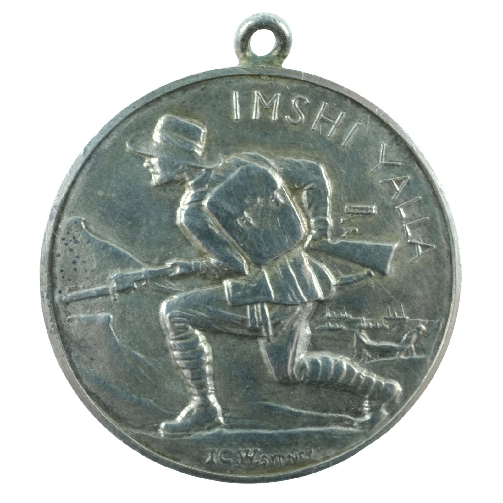 Australia 1915 'Dardanelles - Imshi Yalla' Silver Medalet, about Uncirculated: Carlisle# 1915/10. 'Imshi Yalla' (Go Away) the Battle Cry of the ANZACS was learnt from the street Urchins of Cairo while the troops prepared for the Gallipoli Campaign. Size Diameter 28mm Medium