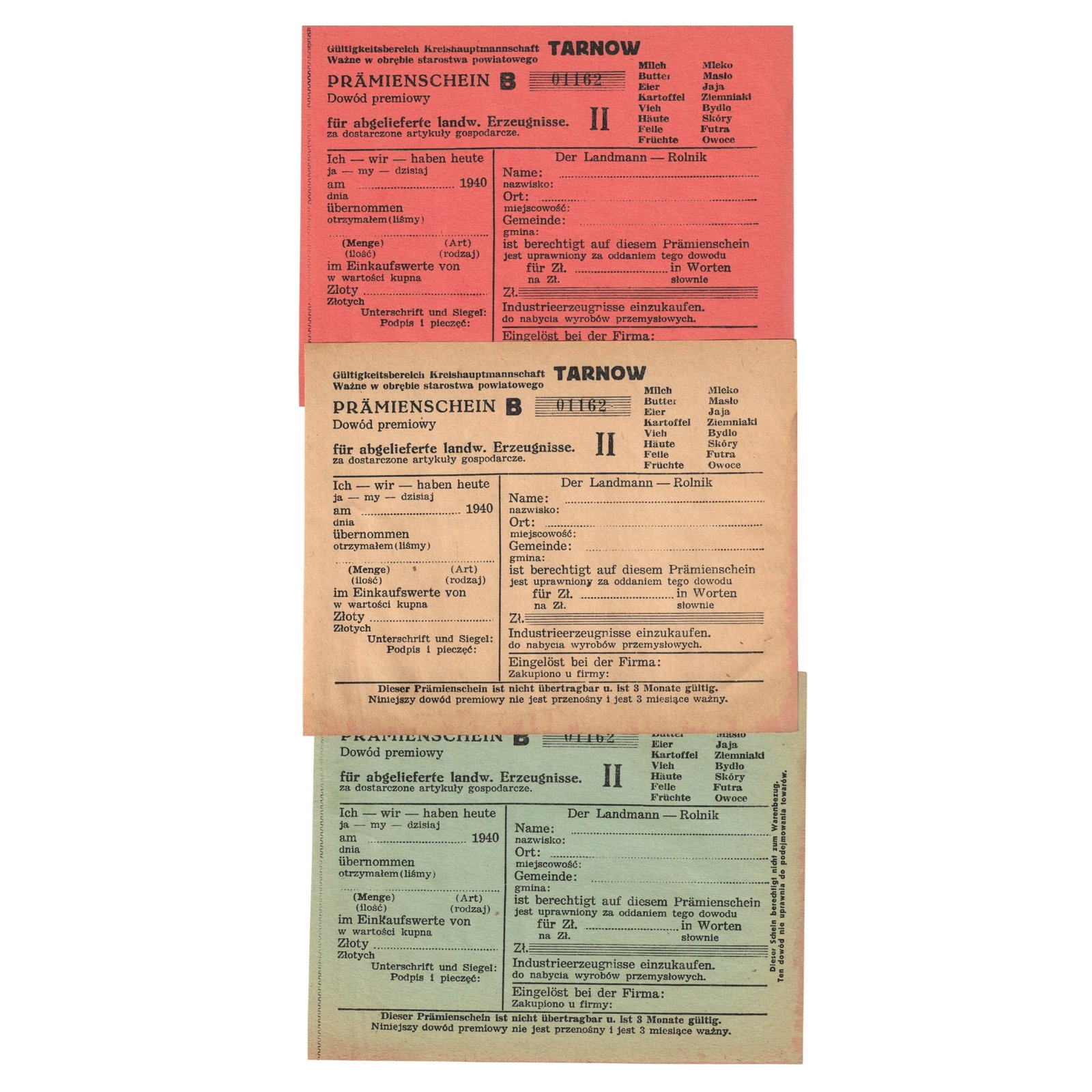 Tarnow Poland (German Occupation) 1940 Bonus Receipt for delivering Agricultural products, Uncirc: Green, Yellow & Red triplicate forms numbered B 01162 Medium Collectibles