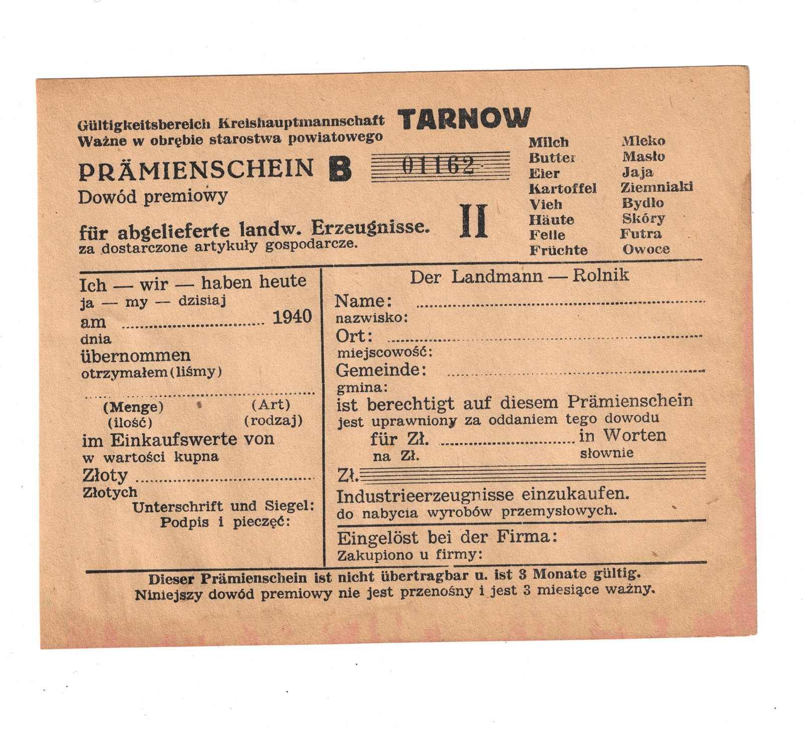 Tarnow Poland (German Occupation) 1940 Bonus Receipt for delivering Agricultural products, Uncirc - 2
