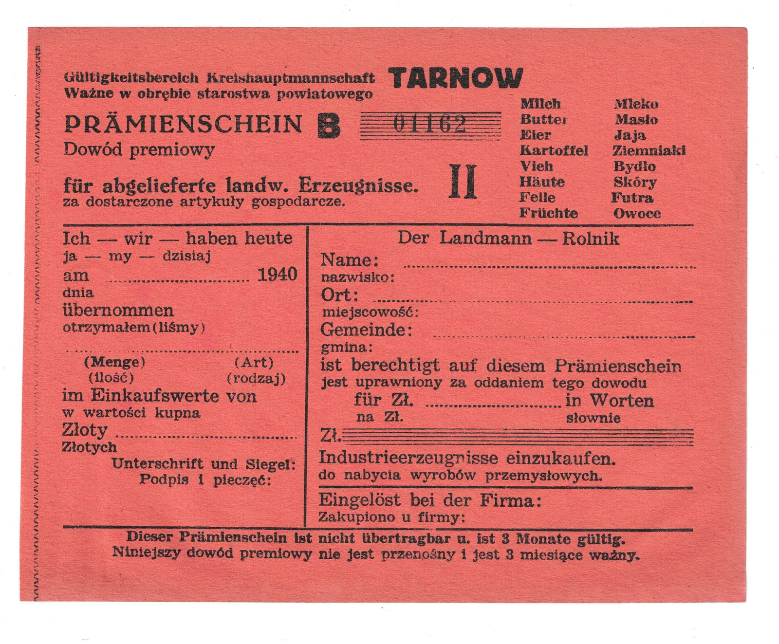 Tarnow Poland (German Occupation) 1940 Bonus Receipt for delivering Agricultural products, Uncirc - 3