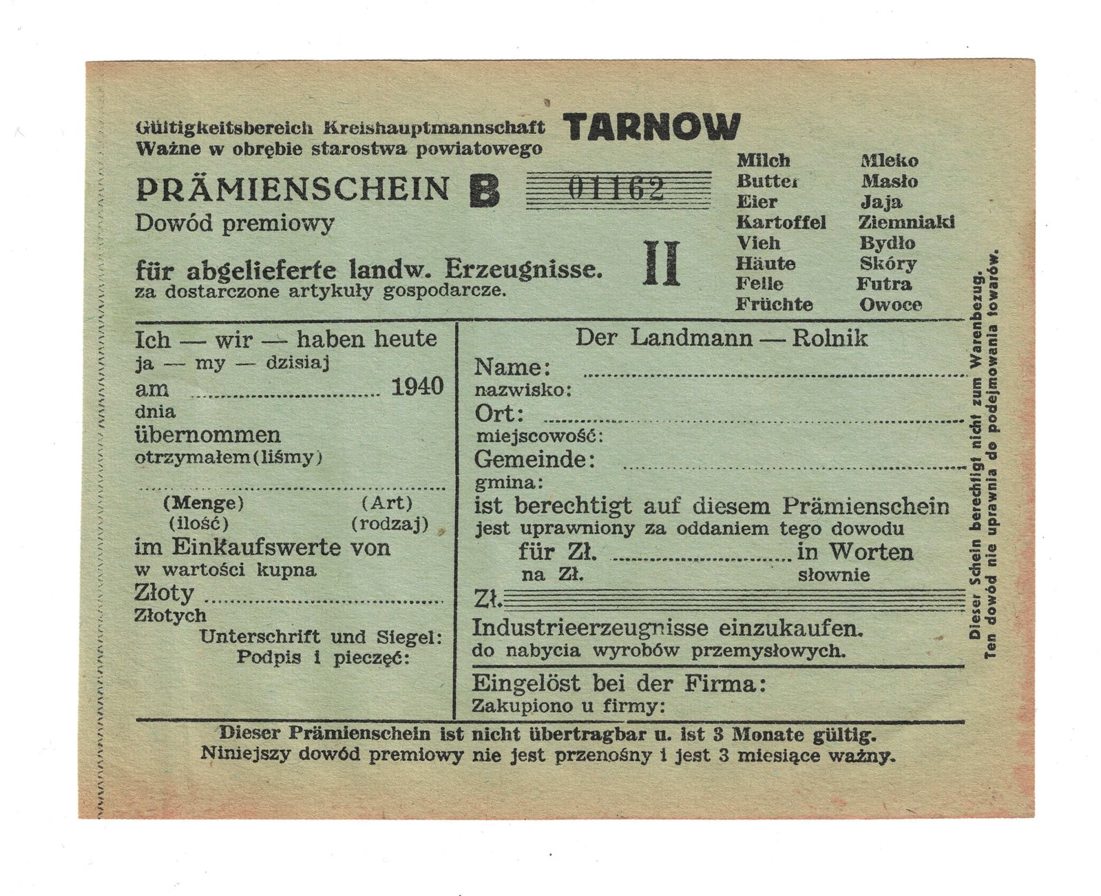 Tarnow Poland (German Occupation) 1940 Bonus Receipt for delivering Agricultural products, Uncirc - 4