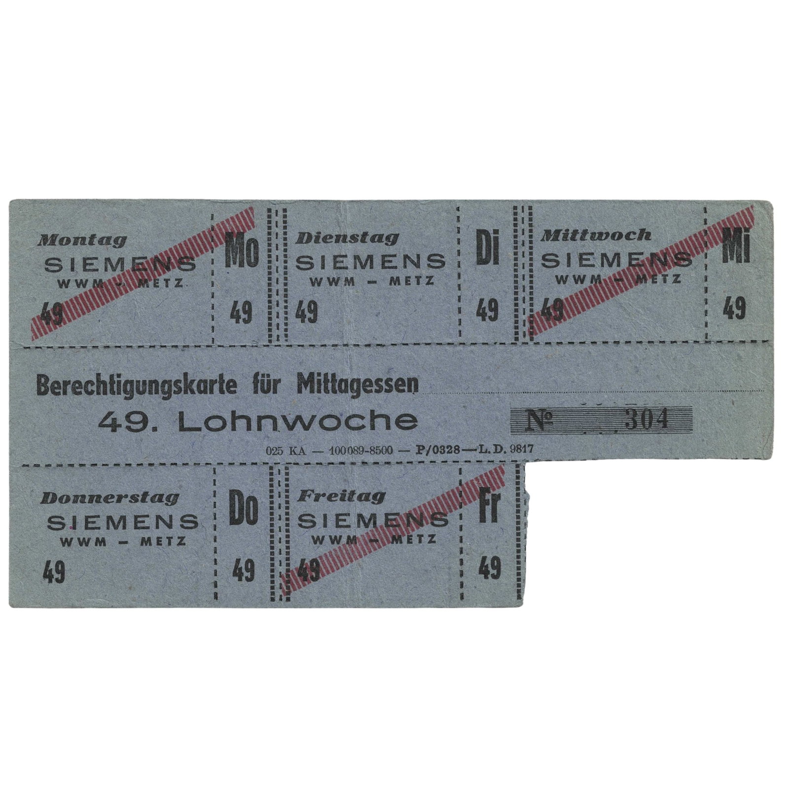 Metz France (German Occupation) Siemens WWM Lunch Vouchers, Extremely Fine: WWN was the official three-letter German ordnance code allocated to the Siemens factory located in Metz during WWII. The factory manufactured electrical components, communication hardware and
