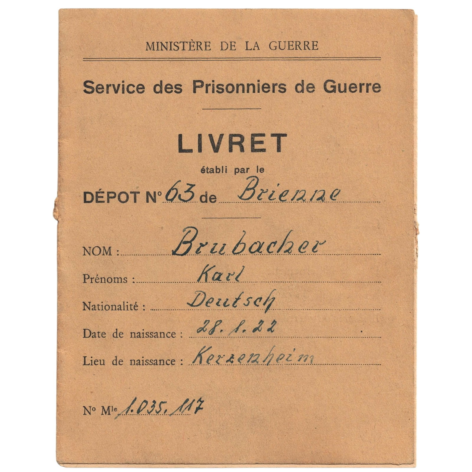French issued WWII Prisoner of War Record Booklet (Livret), Extremely Fine: Issued to a German National Sergeant Karl Brubacher, born on January 28, 1922, in Kerzenheim. Further details in the booklet state he was captured March 25th 1945, describing his war wounds as grenade