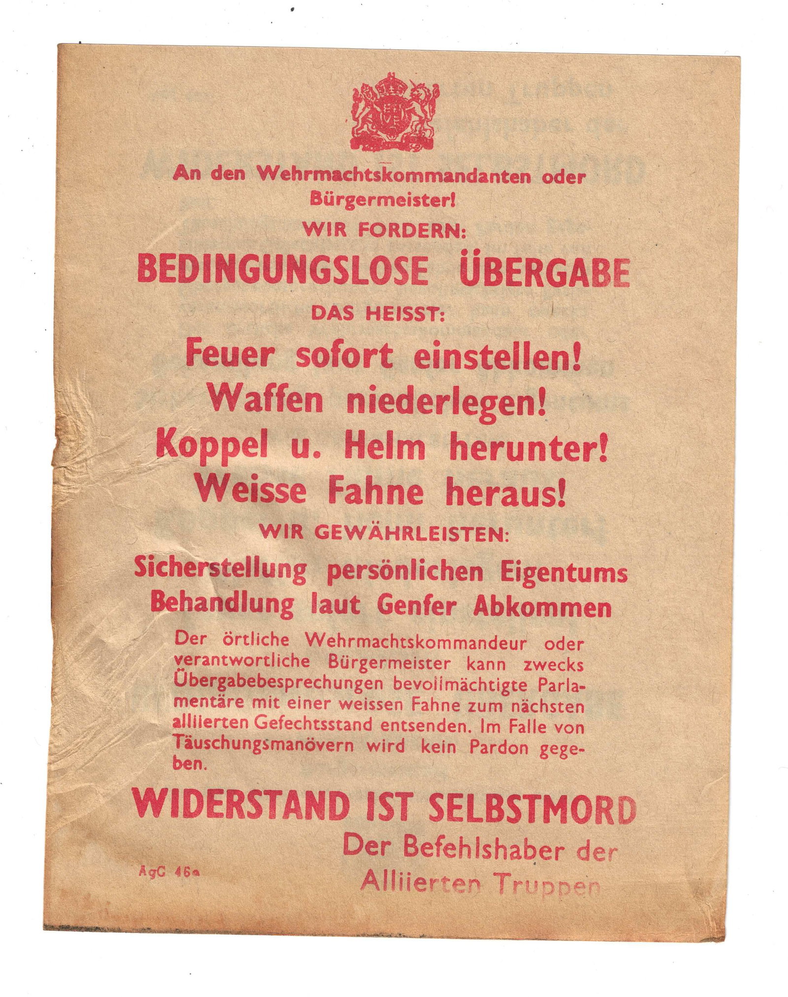 German Soldiers Unconditional Surrender Leaflet authorised by the Commander of the Allied Forces - 2