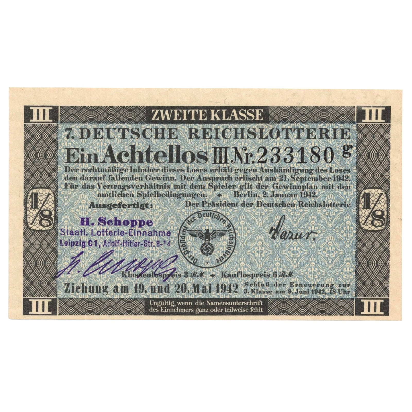 Germany WWII 1942 7th Reich Lottery - 1/8 Share of Lottery Ticket 233180, Uncirculated: This ticket was printed and distributed during WWII under the Third Reich administration in Berlin.The state-run lotteries served as a way for the government to raise funds and manage public morale.