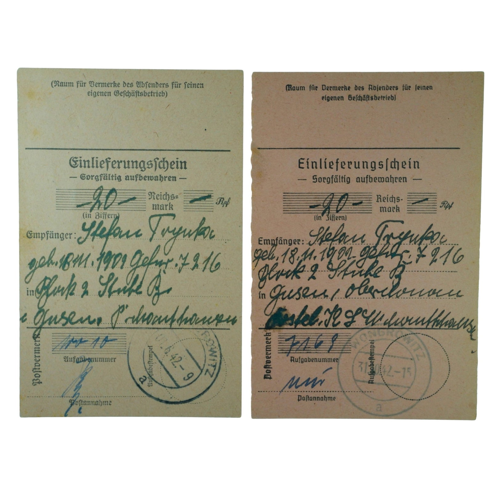 Germany WWII 1942 Money Order Receipts for 20 RM sent from Sopot to Mauthausen C C, Uncirc (2): Made out to Stefan Trybaka, Born Nov 18th 1901, Prisoner Number 7216. Families were permitted to send money to the camps logged for prisoner canteen purchases, however most funds were seized.