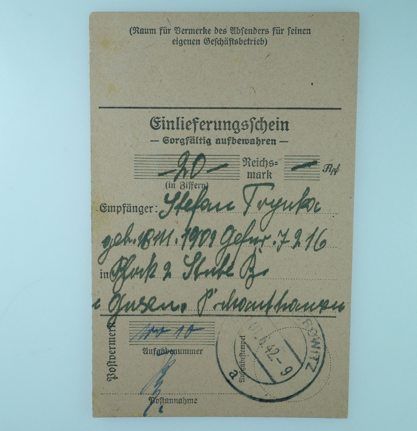 Germany WWII 1942 Money Order Receipts for 20 RM sent from Sopot to Mauthausen C C, Uncirc (2) - 2