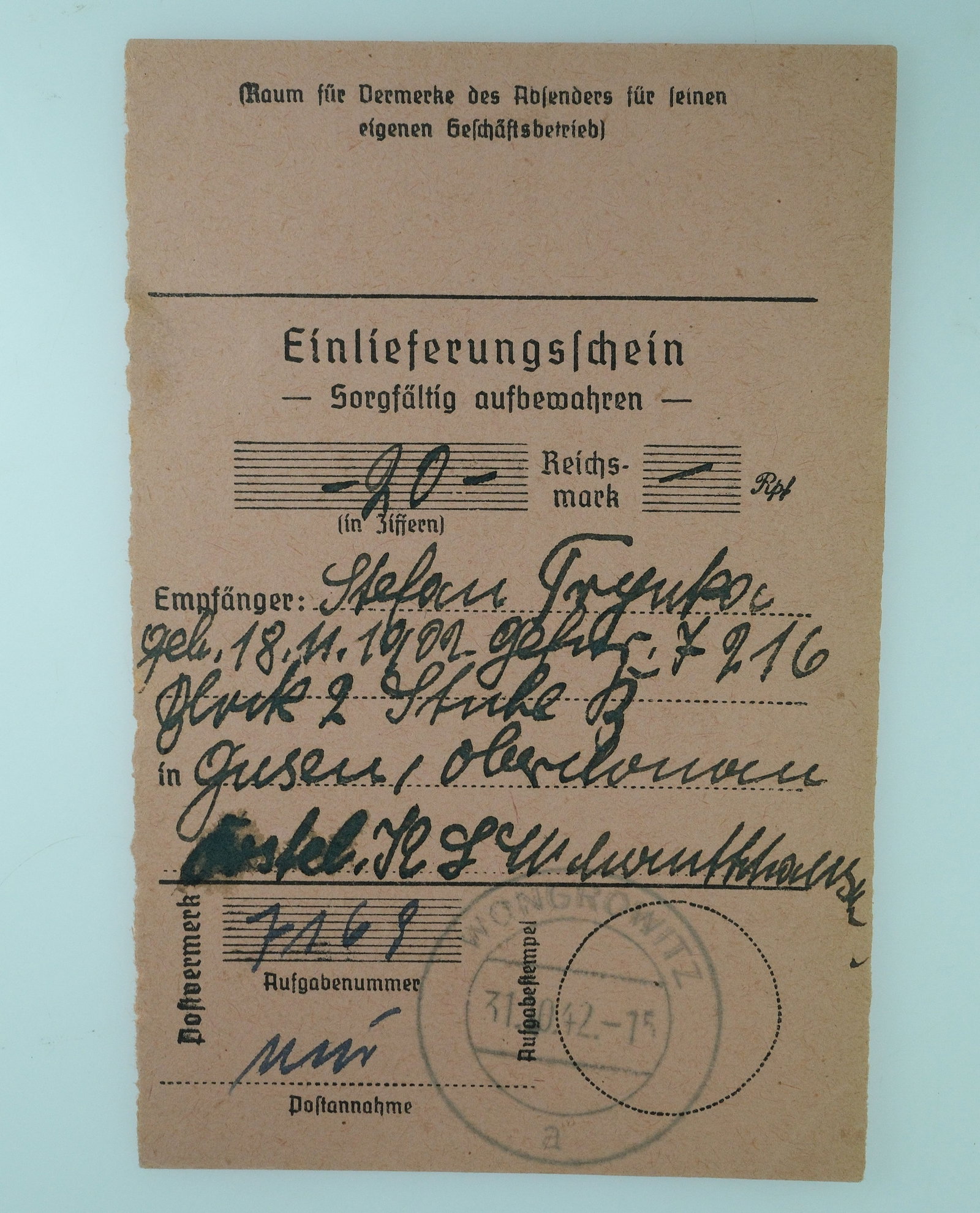 Germany WWII 1942 Money Order Receipts for 20 RM sent from Sopot to Mauthausen C C, Uncirc (2) - 4