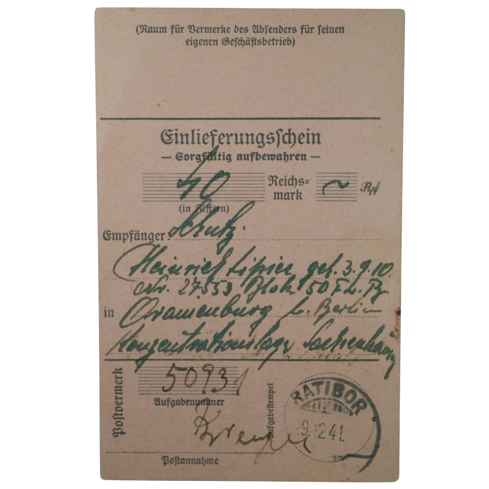 Germany WWII 1941 Money Order Receipt for 40 RM sent from Ratibor Poland to Oranienburg C C, aUnc: Families were permitted to send money to the camps logged for prisoner canteen purchases, however most funds were seized. Condition Fine overall condition Medium Collectibles Literature 11cm x 7cm