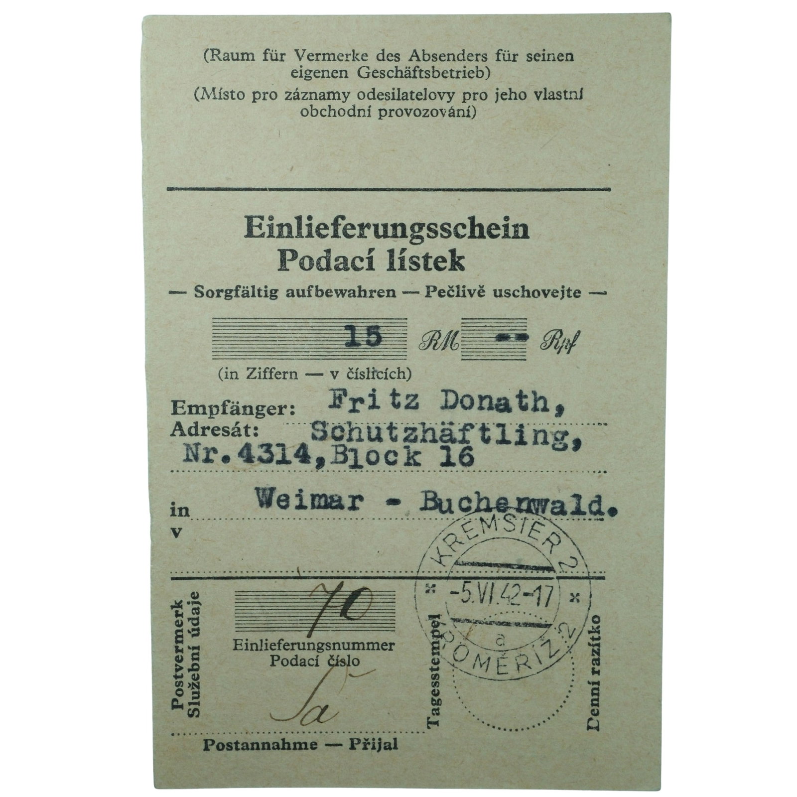 Germany WWII 1942 Money Order Receipt for 15 RM sent from the Czech Republic to Buchenwald, Uncirc: Addressed to Fritz Donath, Inmate number 4314, housed in Block 16 at Buchenwald Concentration Camp. The receipt was processed on June 5th 1942. Condition Fine overall condition Medium Collectibles