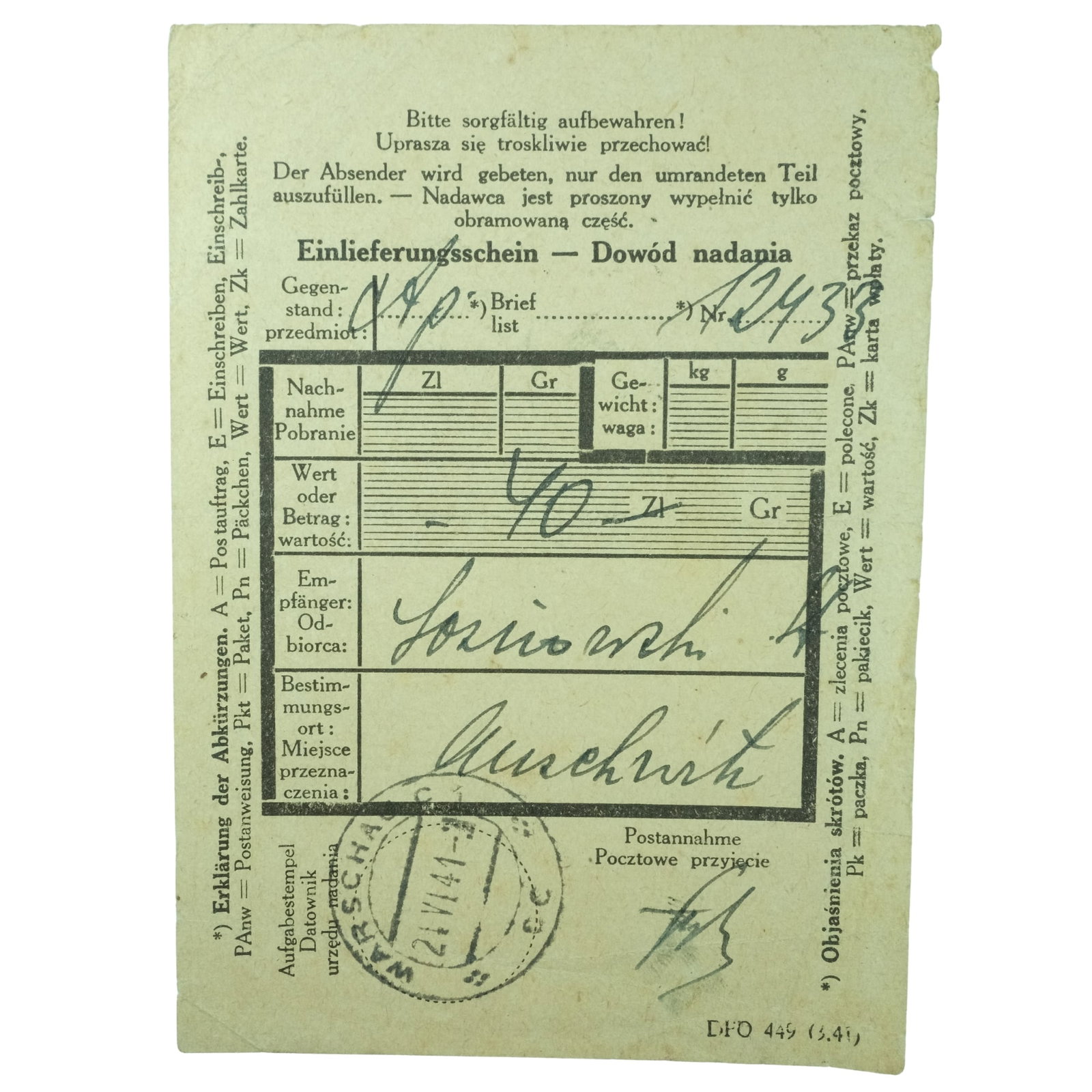 Germany WWII 1941 Postal Order receipt for 40 Groschen sent from Warsaw to Auschwitz, VF: Stamped by the Post Office in Warschau (Warsaw) on June 21st 1941. Condition 5mm tear top right border.Light creasing throughout Medium Collectibles Literature 11cm x 7.5cm