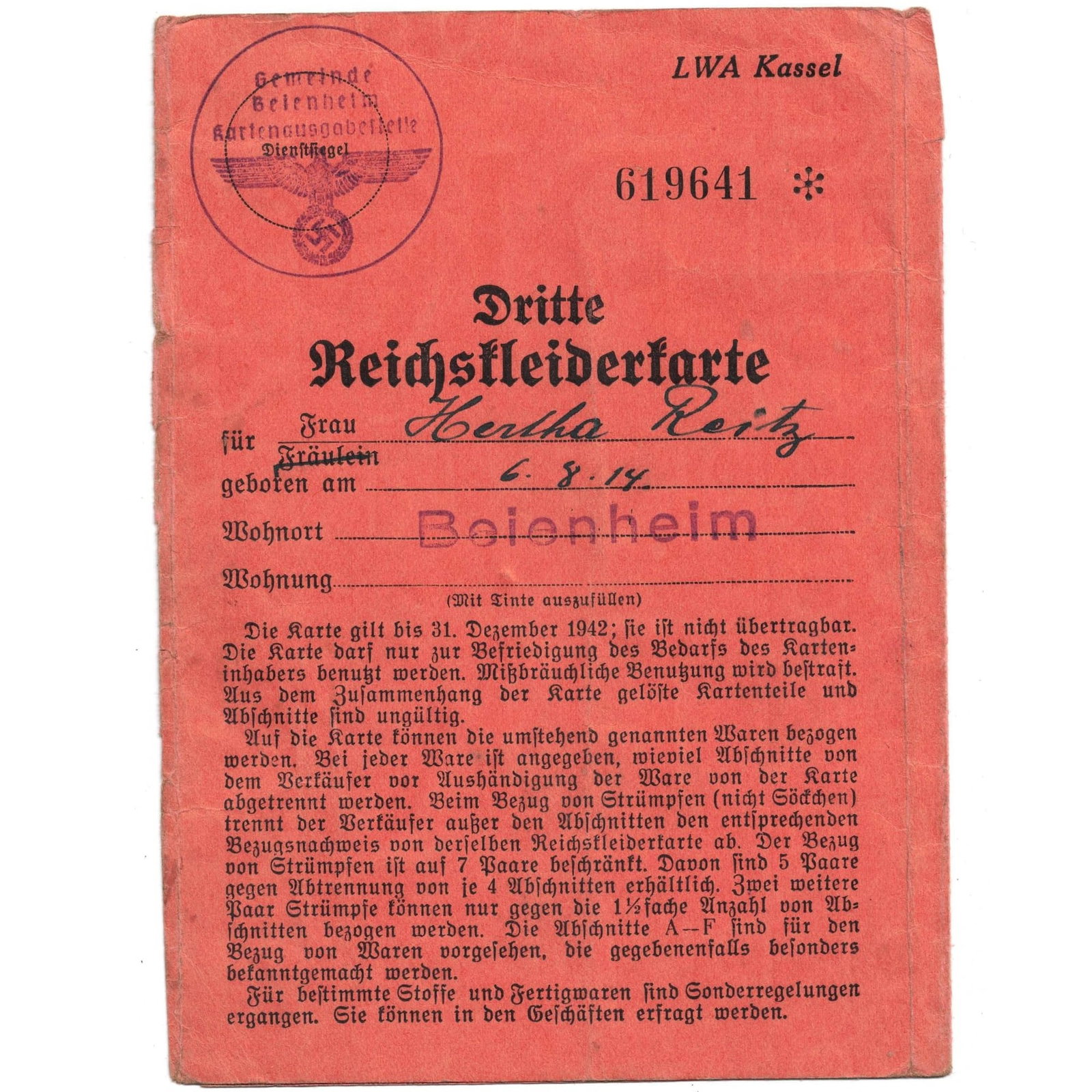 Germany WWII 'Dritte Reichskleiderkarte' Third Reich Clothing Ration Card, Very Fine details: Introduced shortly after the outbreak of the war in late 1939, the card was a system to strictly manage the supply of textiles, footwear, and apparel. Citizens were allocated a set number of points