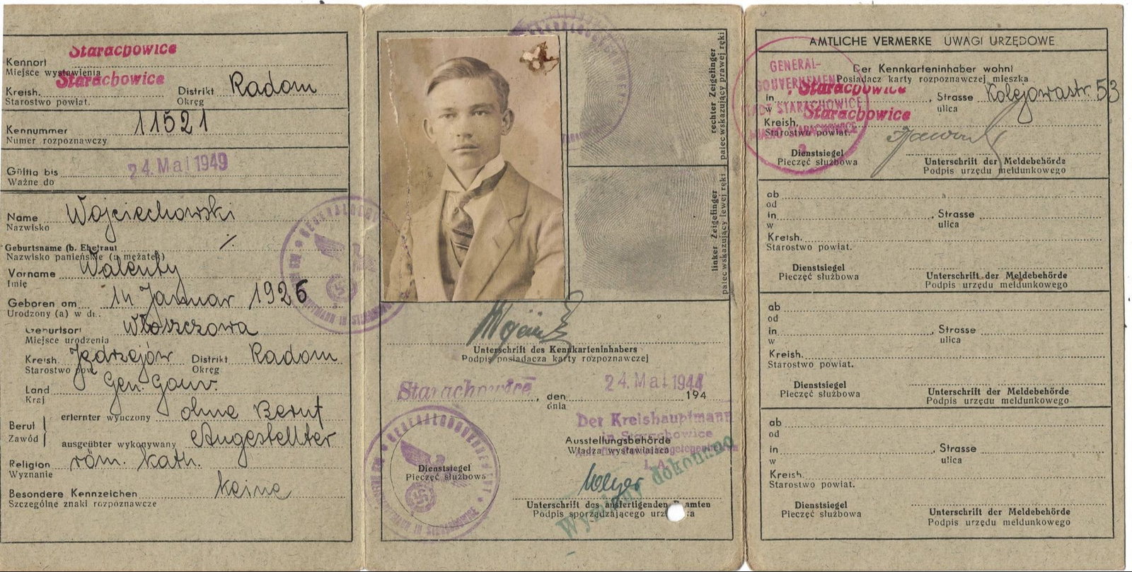 Germany WWII German / Polish Bilingual Third Reich 'Kennkarte' Identification Card, Very Fine: The national identity card was issued to Walenty Wojciechowski, born 14th of January 1926. He was just 18 years old when the card was officially finalized. The document contains the holder's photograp