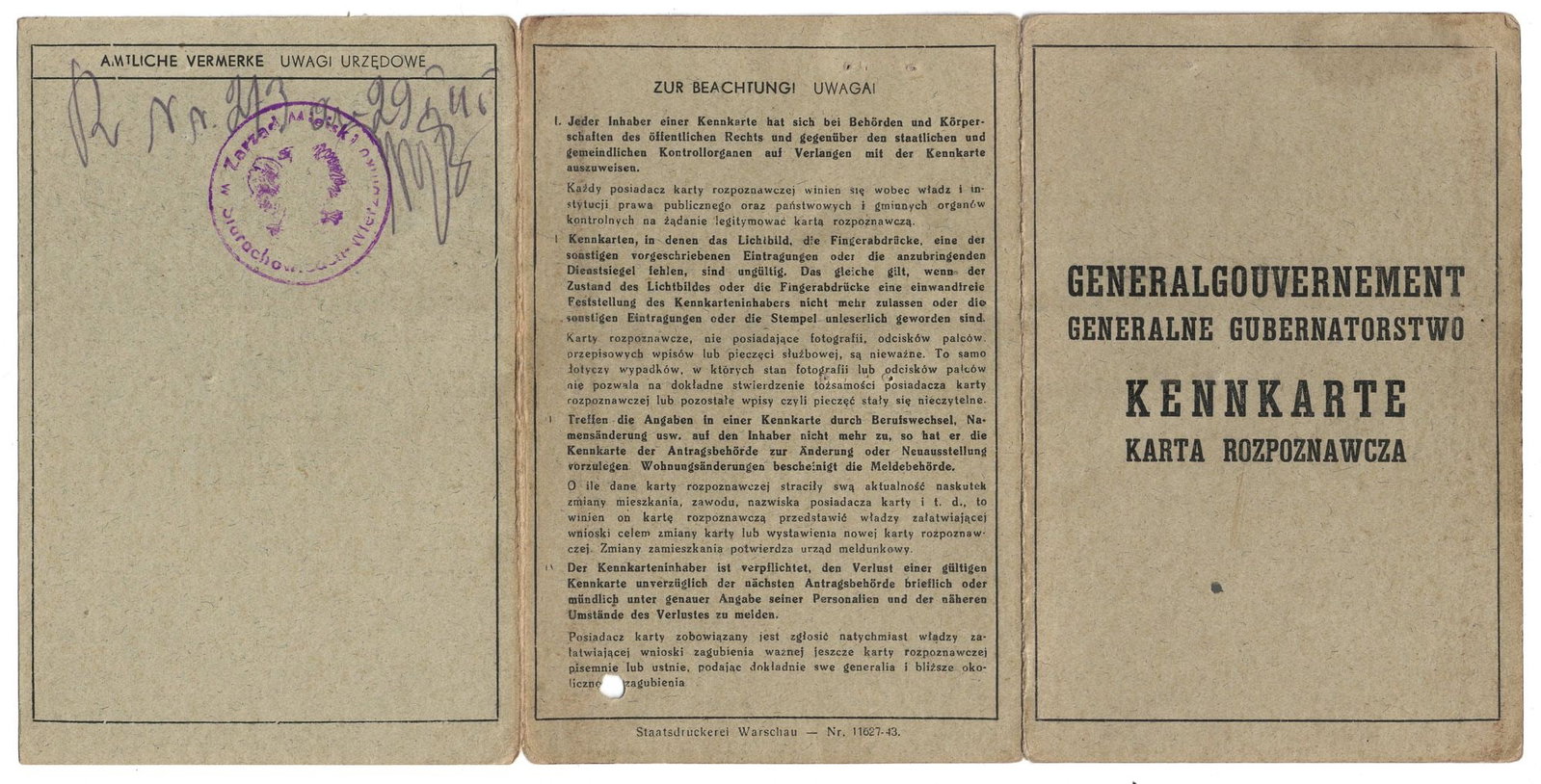 Germany WWII German / Polish Bilingual Third Reich 'Kennkarte' Identification Card, Very Fine - 3